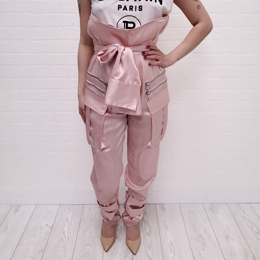 BALMAIN RUNWAY PINK SILK CARGO TROUSERS - SIZE 34