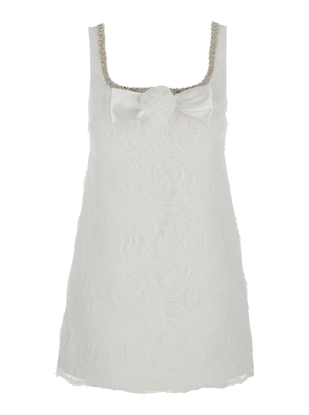 Self-Portrait Women White Mini Dress With Square Neck And Bow Detail On The Front In Tech Fabric Woman