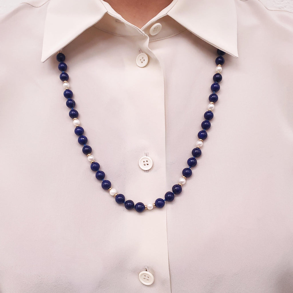 TIFFANY & CO 14K GOLD LAPIS LAZULI AND CULTURED PEARL NECKLACE