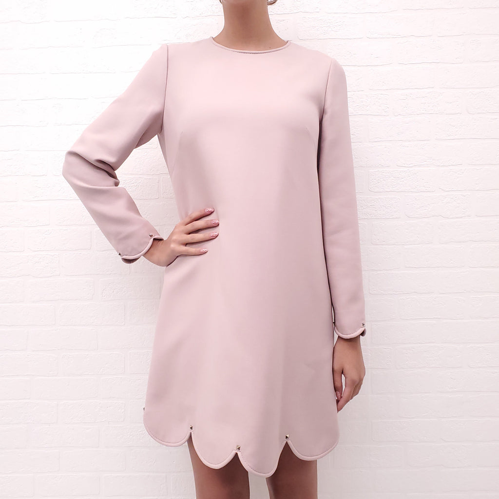 VALENTINO PINK LONG SLEEVED SCALLOPED DRESS WITH ROCKSTUD DETAIL - SIZE 8