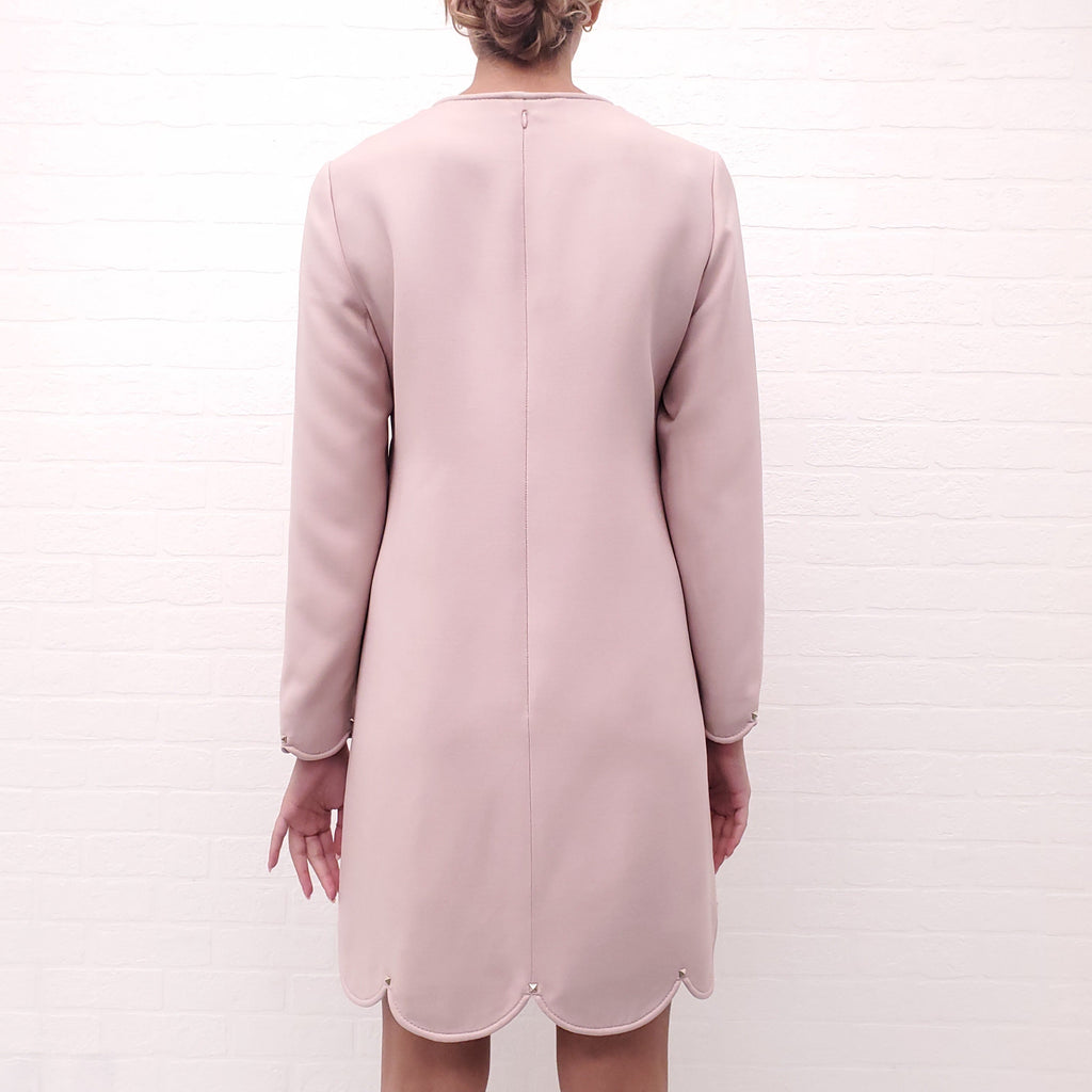 VALENTINO PINK LONG SLEEVED SCALLOPED DRESS WITH ROCKSTUD DETAIL - SIZE 8