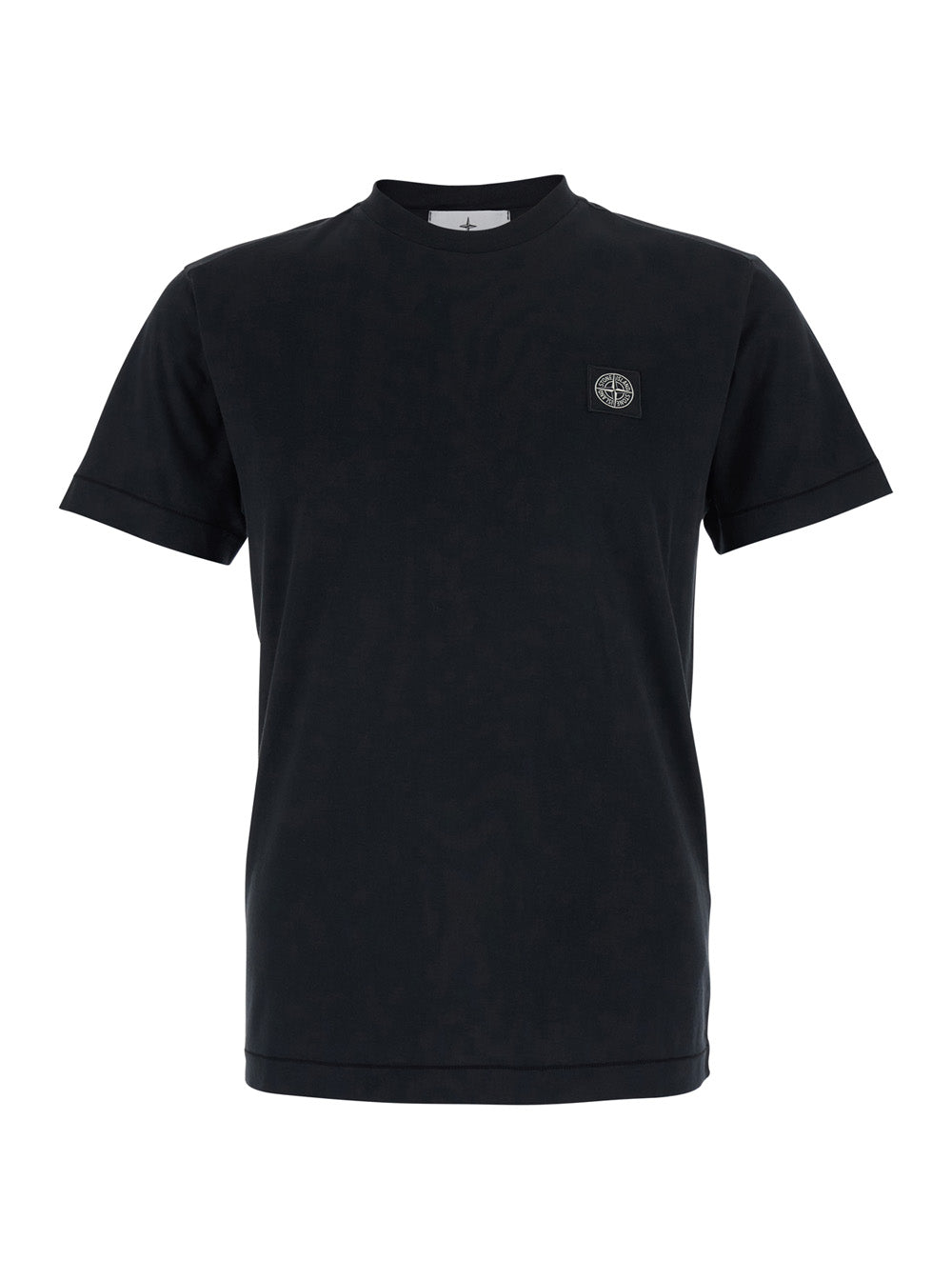 Stone Island Men Black Crew Neck T-Shirt With Logo Patch On The Front In Cotton For Men