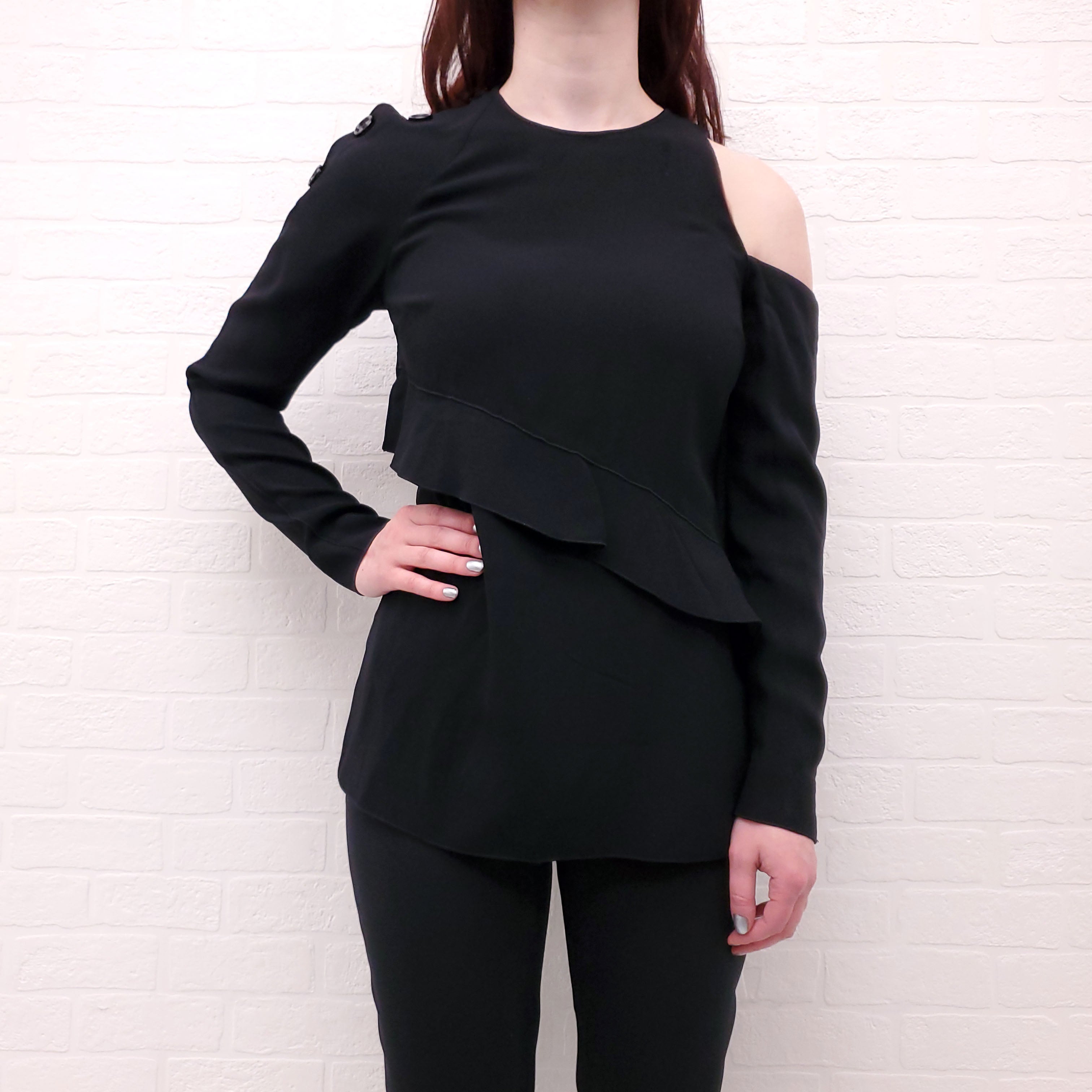 PROENZA SCHOULER BLACK SATIN CREPE BLOUSE WITH ONE SHOULDER CUTOUT DETAIL - SIZE 2