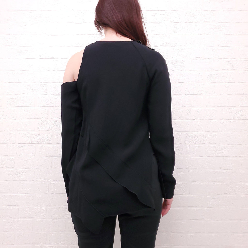 PROENZA SCHOULER BLACK SATIN CREPE BLOUSE WITH ONE SHOULDER CUTOUT DETAIL - SIZE 2