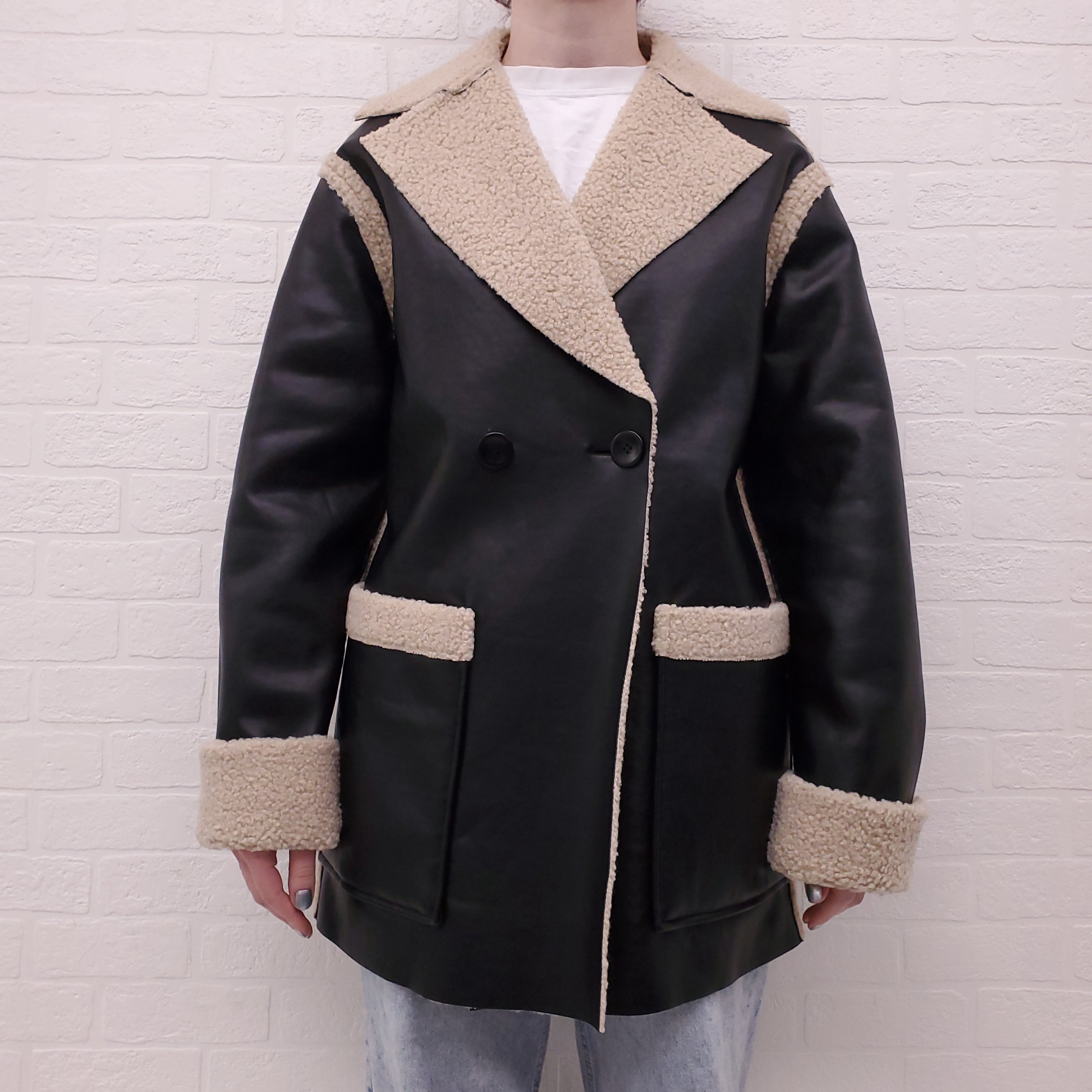 PROENZA SCHOULER WHITE LABEL BLACK FAUX SHERPA REVERSIBLE COAT - SIZE XS