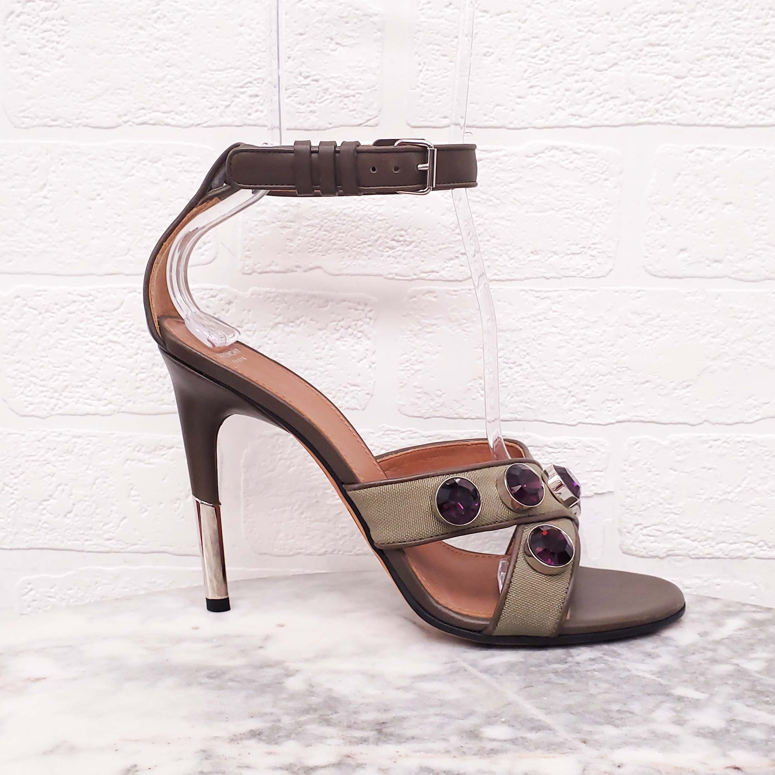 GIVENCHY KHAKI GREEN HEELS PURPLE STONE DETAIL - SIZE 39