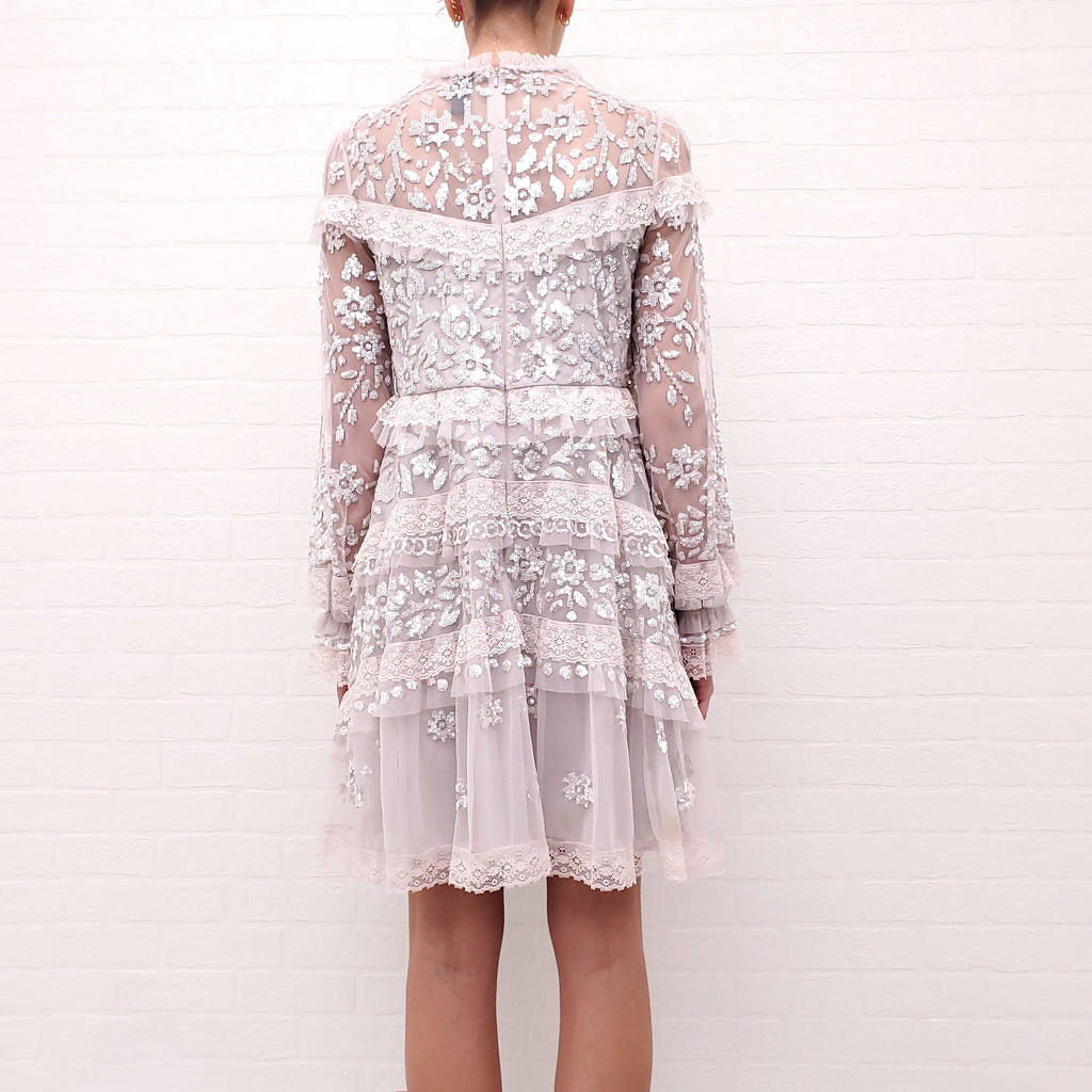 NEEDLE & THREAD GREY SEQUIN AND LACE DRESS - SIZE 6
