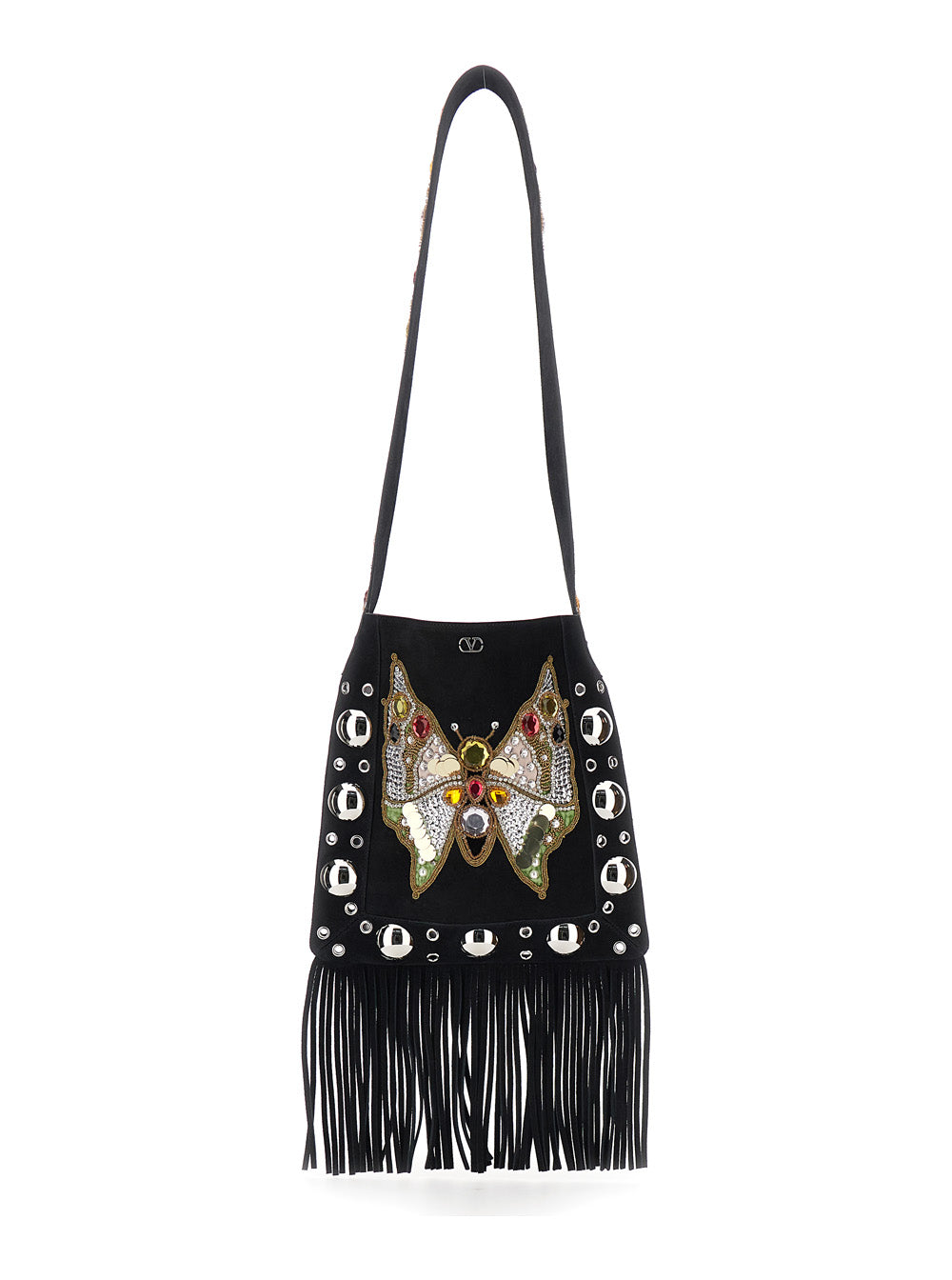 Valentino Garavani Women 'Nellcote Medium' Black Crossbody Bag With Embroidered Butterfly On The Front And Bead And Sequin Details In Fabric Woman