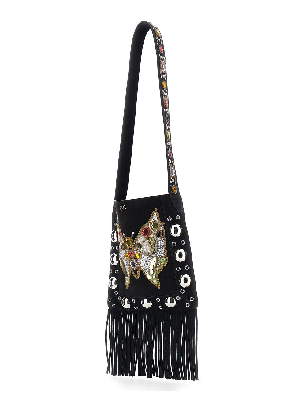 Valentino Garavani Women 'Nellcote Medium' Black Crossbody Bag With Embroidered Butterfly On The Front And Bead And Sequin Details In Fabric Woman