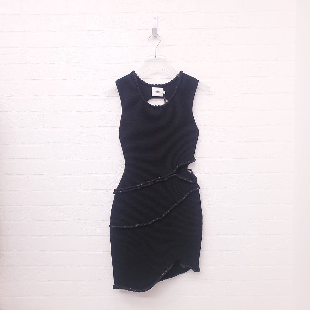 AJE BLACK DRESS WITH CRYSTAL CUTOUT DETAILS - SIZE XS