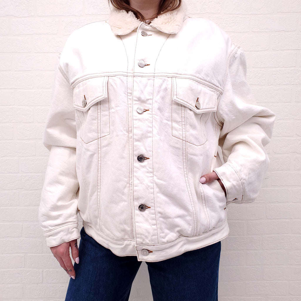 IRO OVERSIZED FAUX SHEARLING LINED DENIM JACKET - SIZE 38
