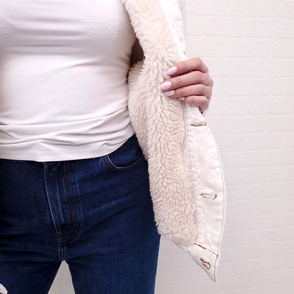 IRO OVERSIZED FAUX SHEARLING LINED DENIM JACKET - SIZE 38