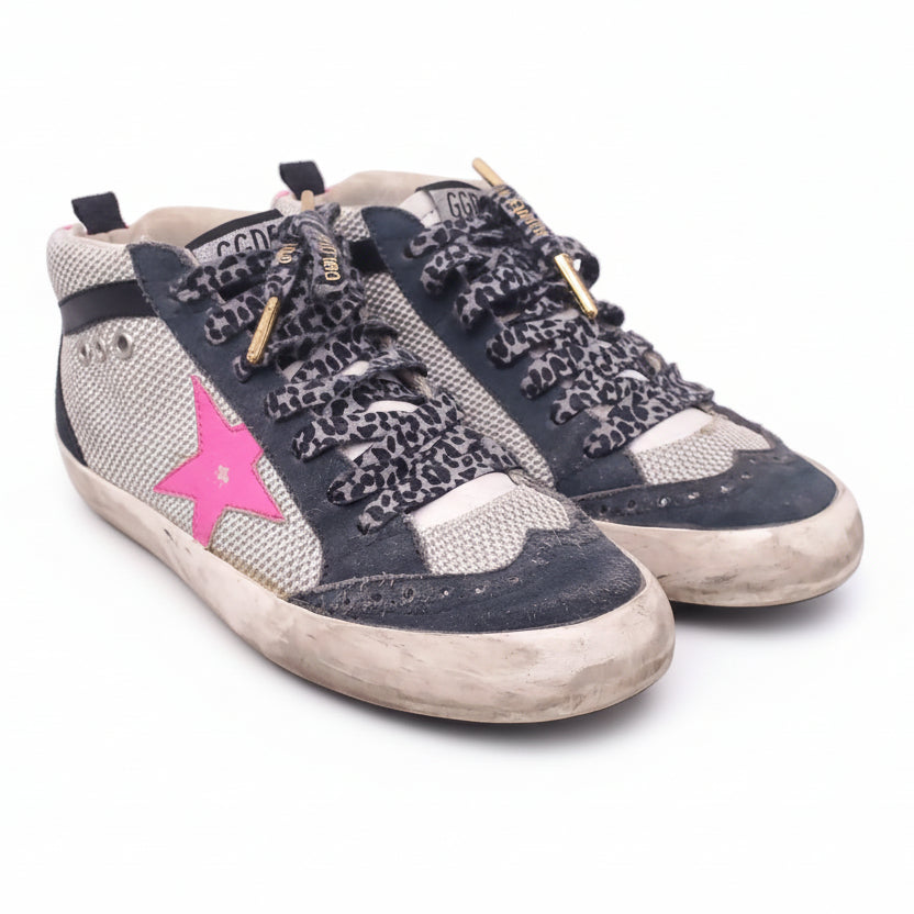 GOLDEN GOOSE MID STAR WITH GREY LEOPARD LACES AND PINK STARS - SIZE 36