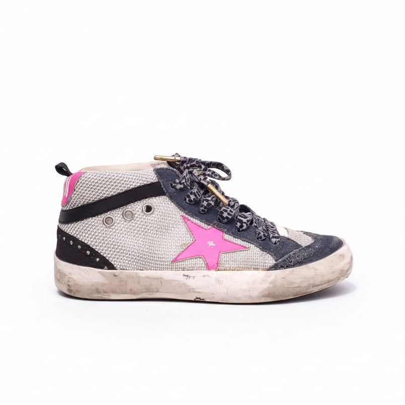 GOLDEN GOOSE MID STAR WITH GREY LEOPARD LACES AND PINK STARS - SIZE 36