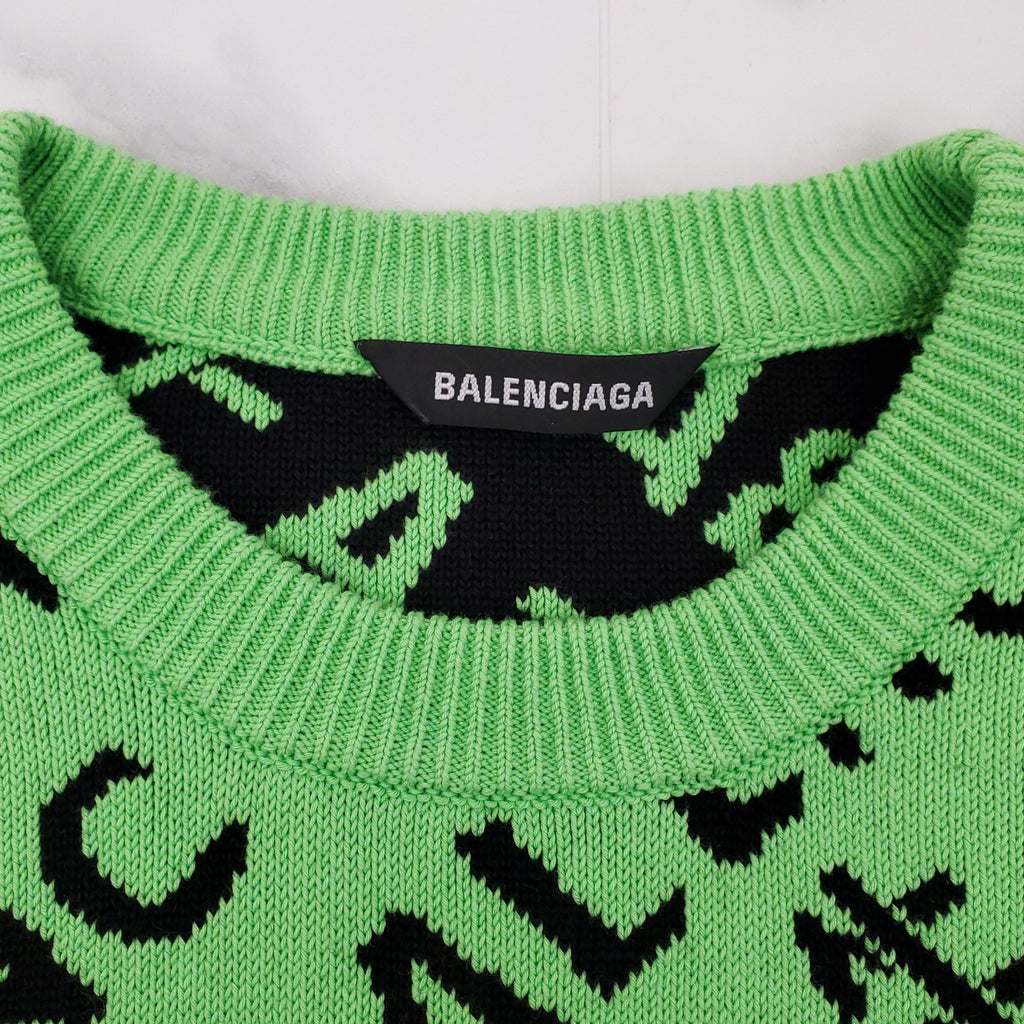 BALENCIAGA OVERSIZED EMERALD GREEN LOGO KNIT SWEATER - SIZE XS