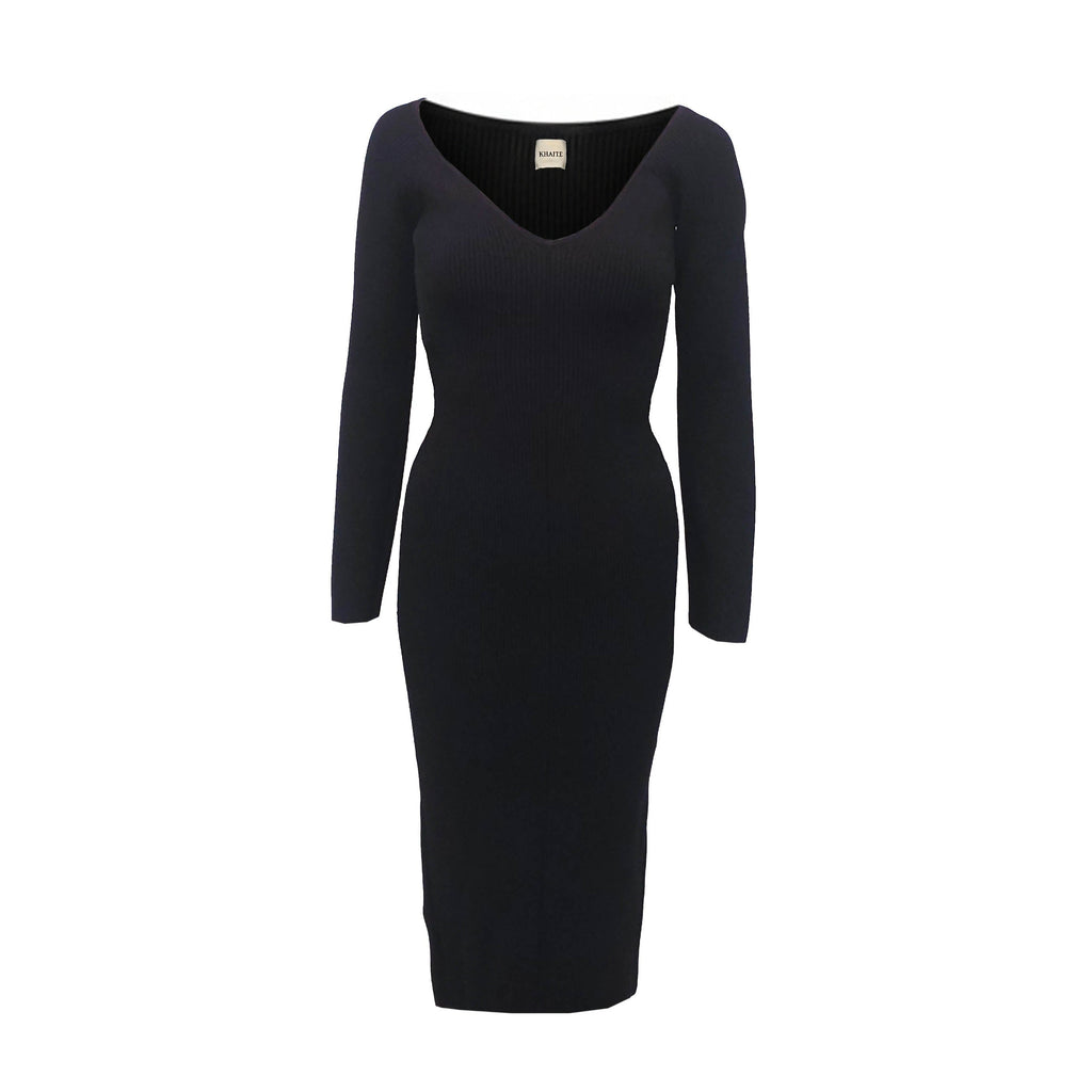 KHAITE BLACK KNIT 'PIA' RIBBED MIDI DRESS - SIZE M
