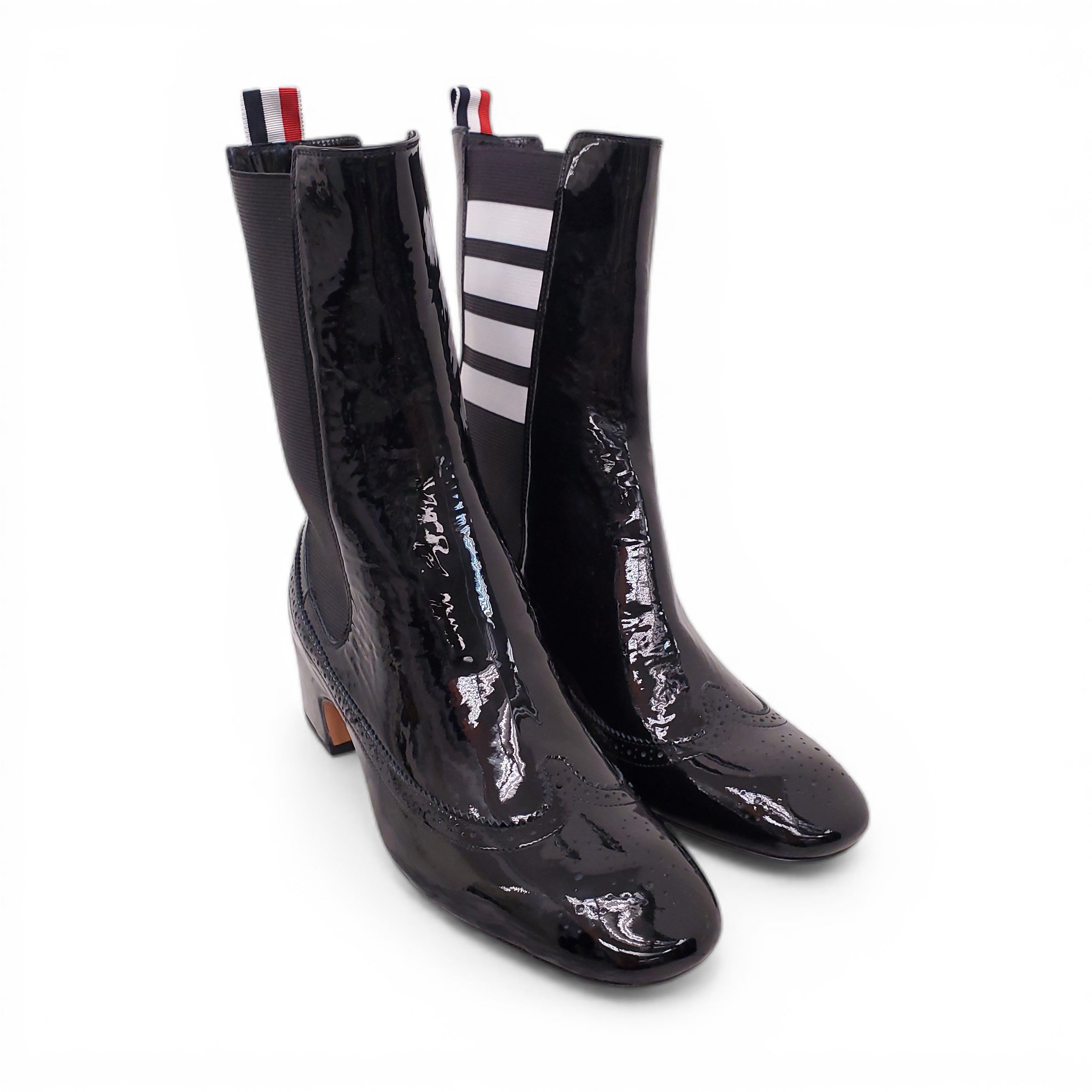 THOM BROWNE PERFORATED PATENT-LEATHER ANKLE BOOTS - SIZE 38.5