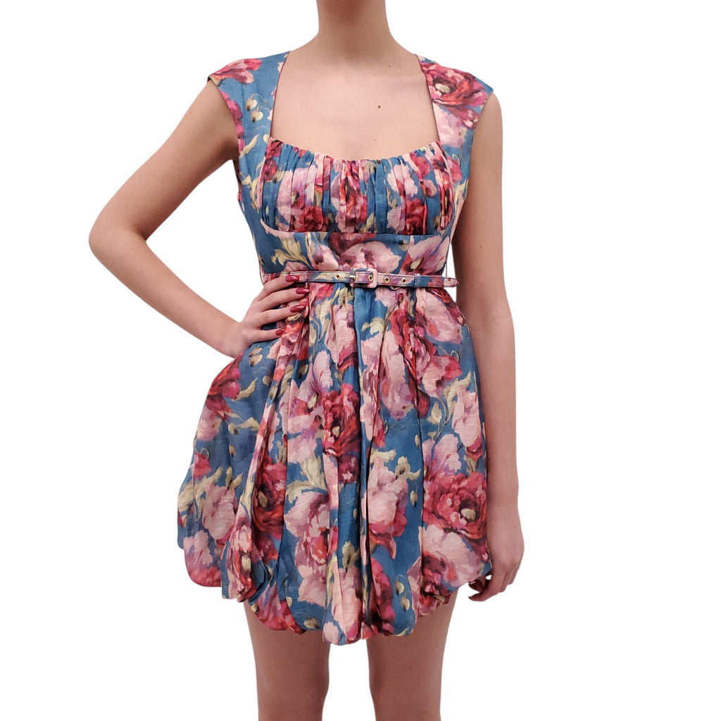 ZIMMERMANN BLUE FLORAL MINI DRESS WITH BELT - SIZE 1 (US 6)
