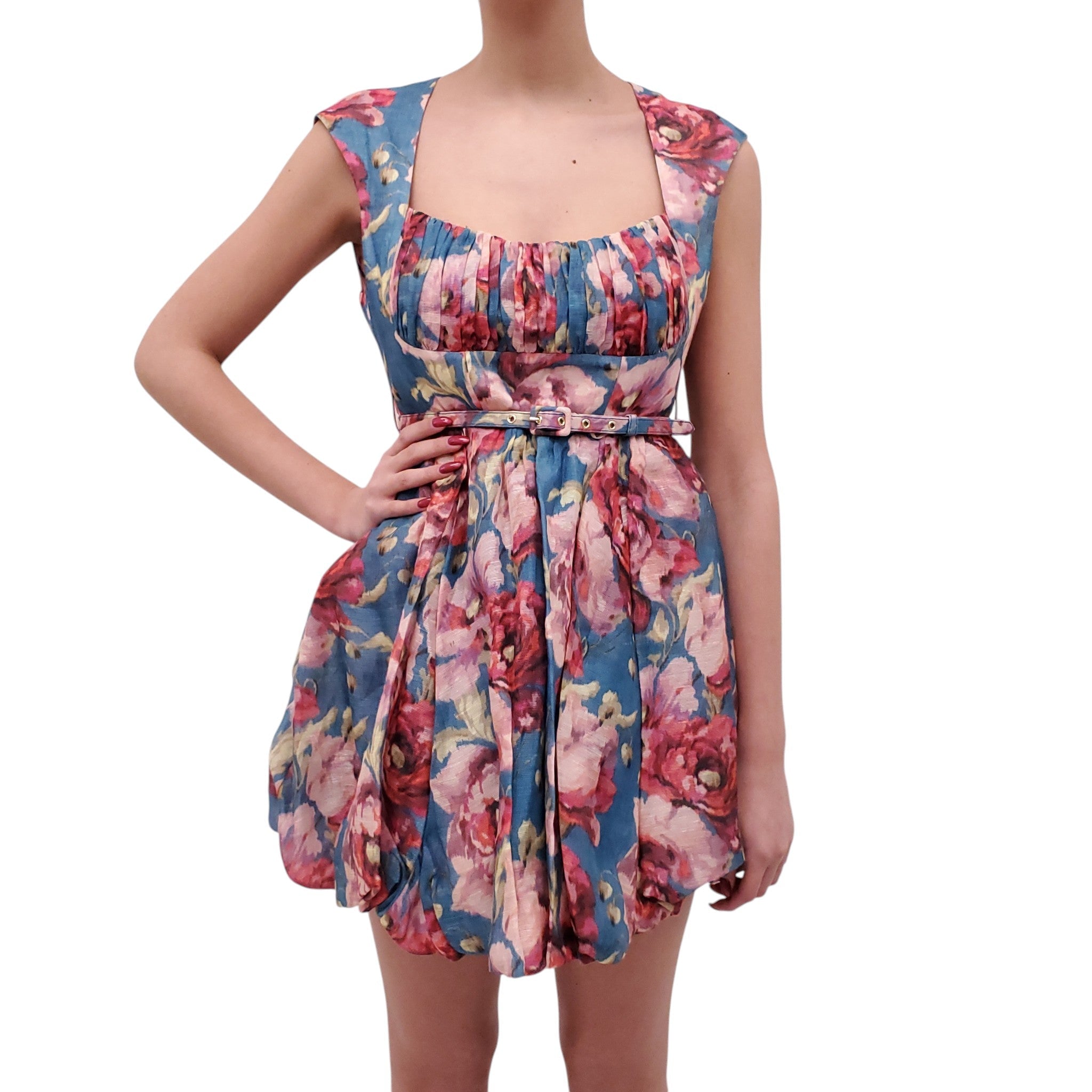ZIMMERMANN BLUE FLORAL MINI DRESS WITH BELT - SIZE 1 (US 6)