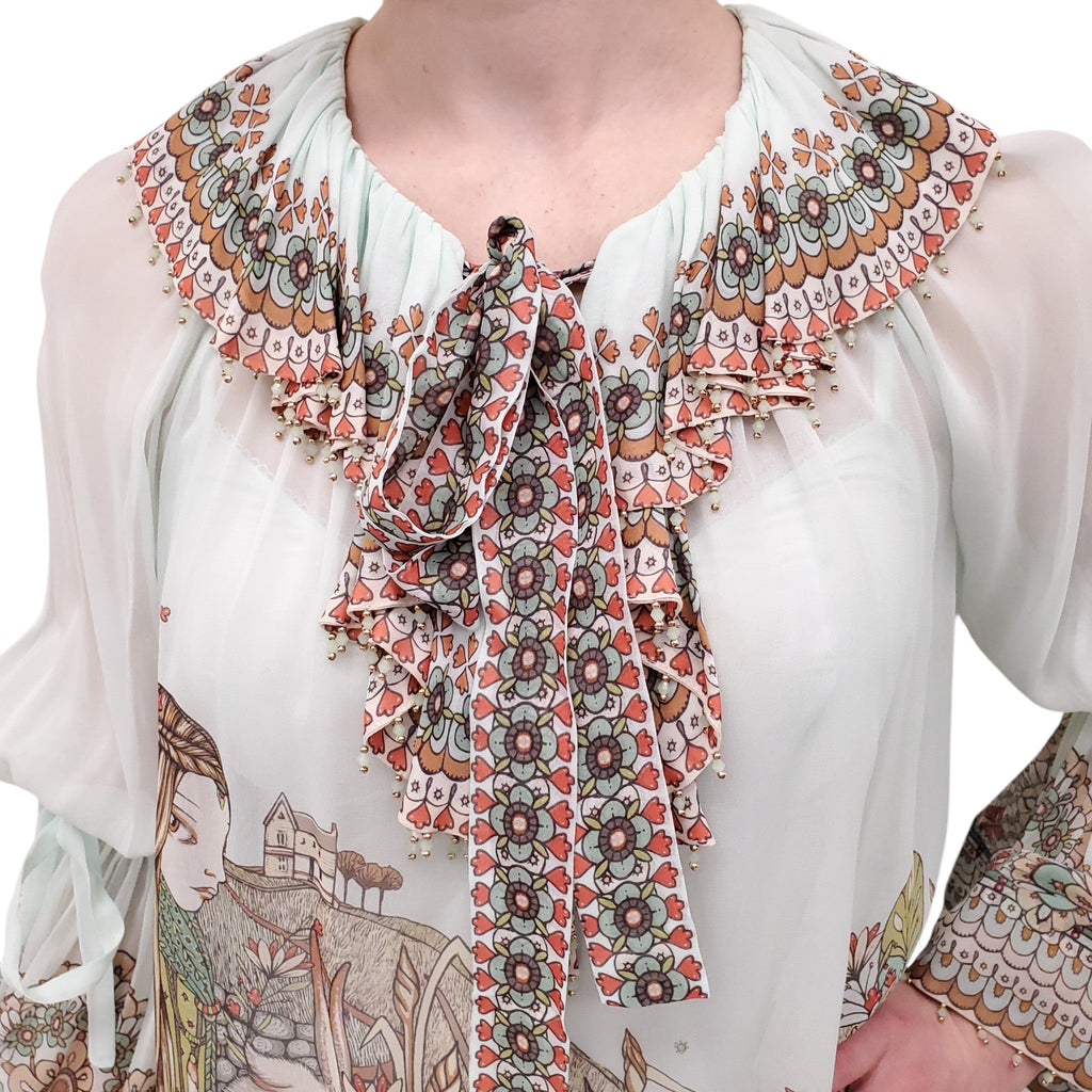ZIMMERMANN TURQUOISE RUFFLE BLOUSE WITH BEADING - SIZE 1 (US 6)