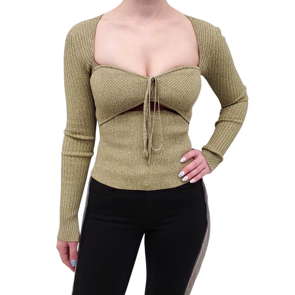 JONATHAN SIMKHAI GREEN KNIT CUTOUT TOP - SIZE XS