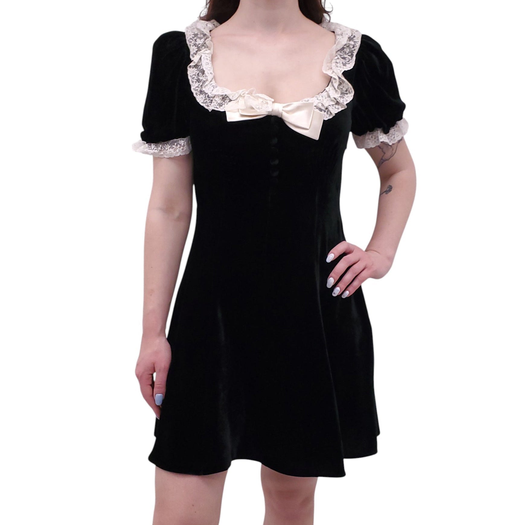 MIU MIU BLACK VELVET MINI DRESS WITH LACE AND BOW - SIZE 42