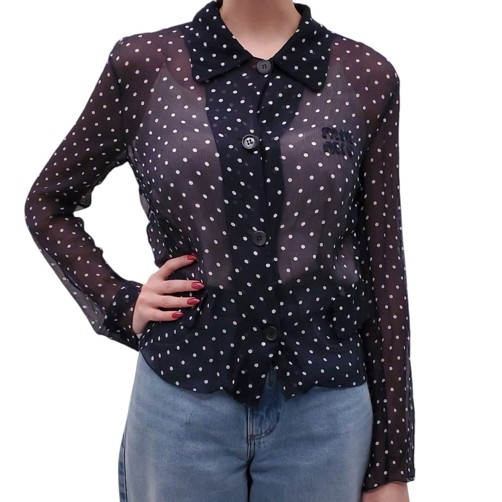 MIU MIU NAVY AND WHITE POLKA DOT SHEER LOGO BLOUSE - SIZE M