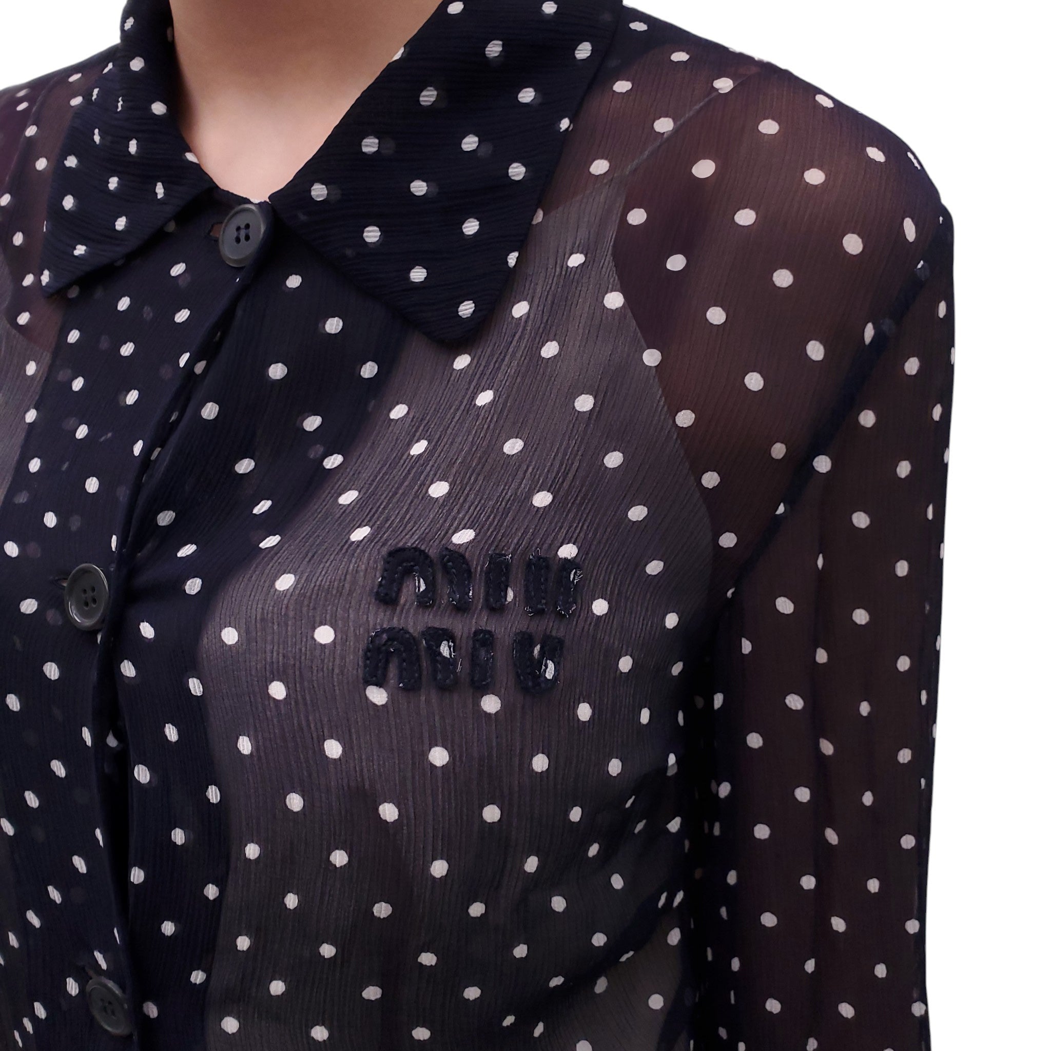 MIU MIU NAVY AND WHITE POLKA DOT SHEER LOGO BLOUSE - SIZE M