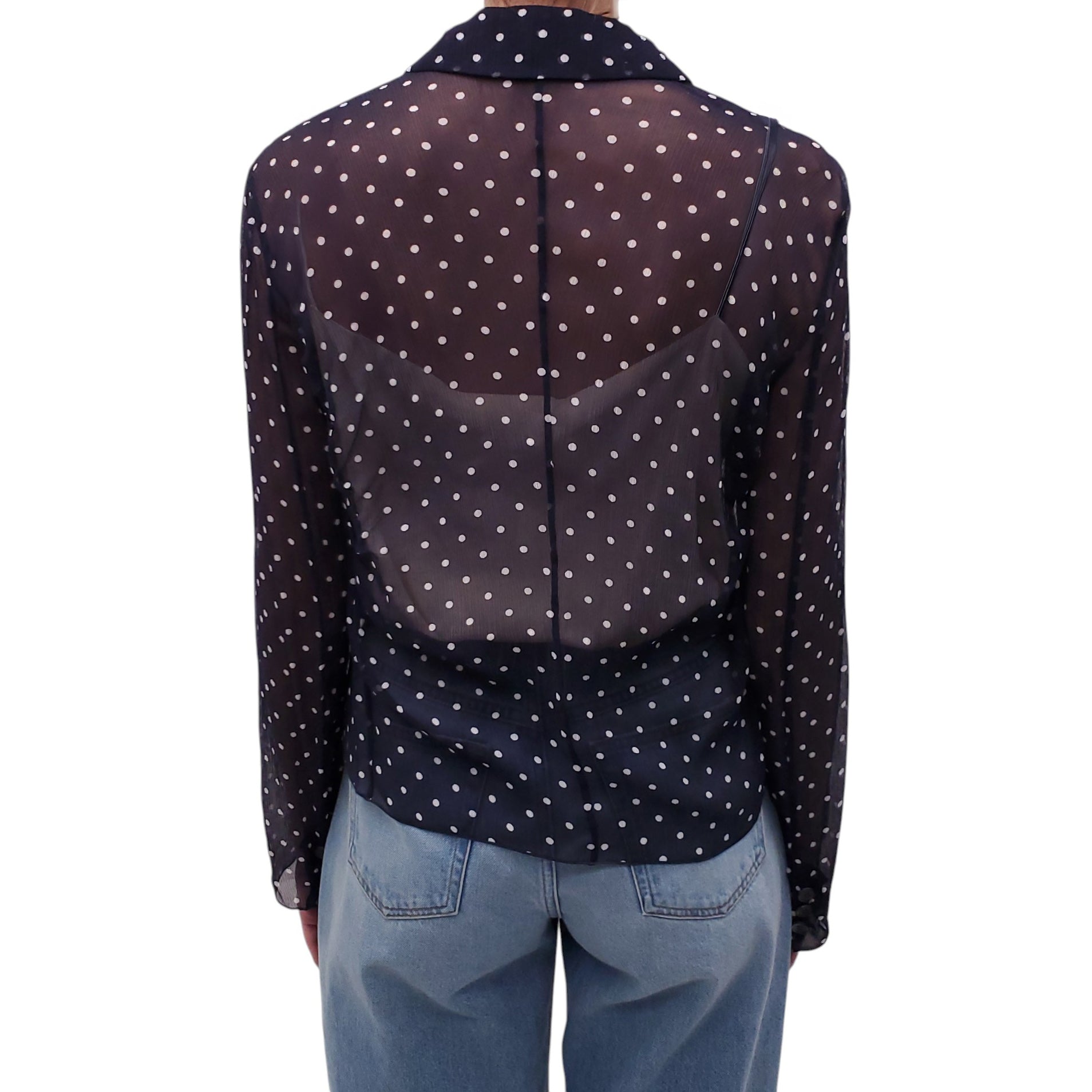 MIU MIU NAVY AND WHITE POLKA DOT SHEER LOGO BLOUSE - SIZE M