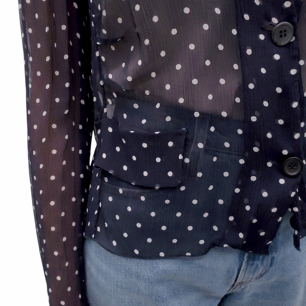 MIU MIU NAVY AND WHITE POLKA DOT SHEER LOGO BLOUSE - SIZE M