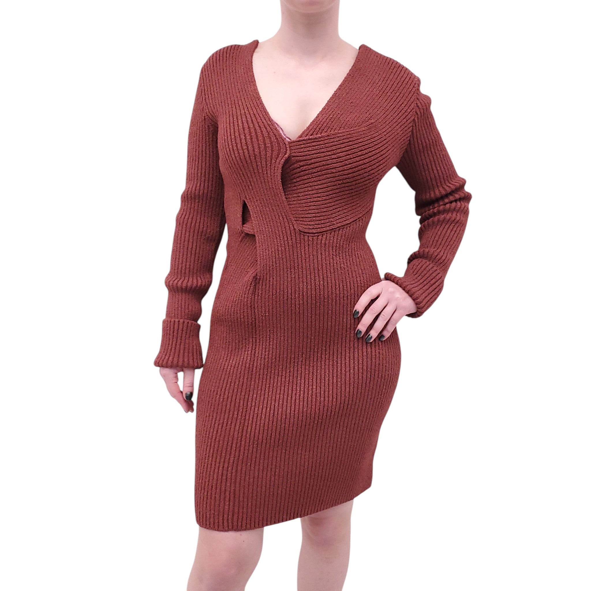 BOTTEGA VENETA BROWN RIBBED SWEATER DRESS - SIZE 40