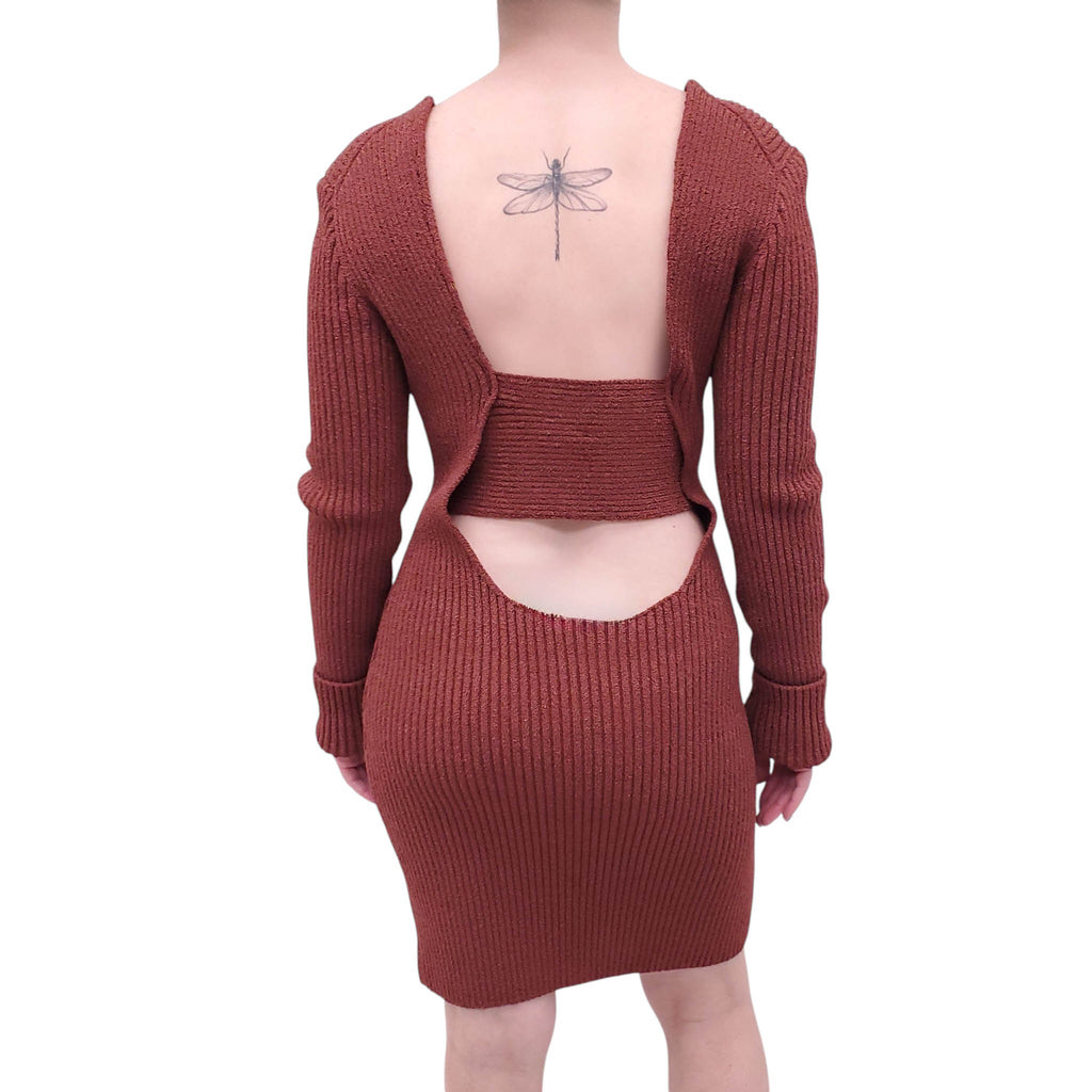 BOTTEGA VENETA BROWN RIBBED SWEATER DRESS - SIZE 40