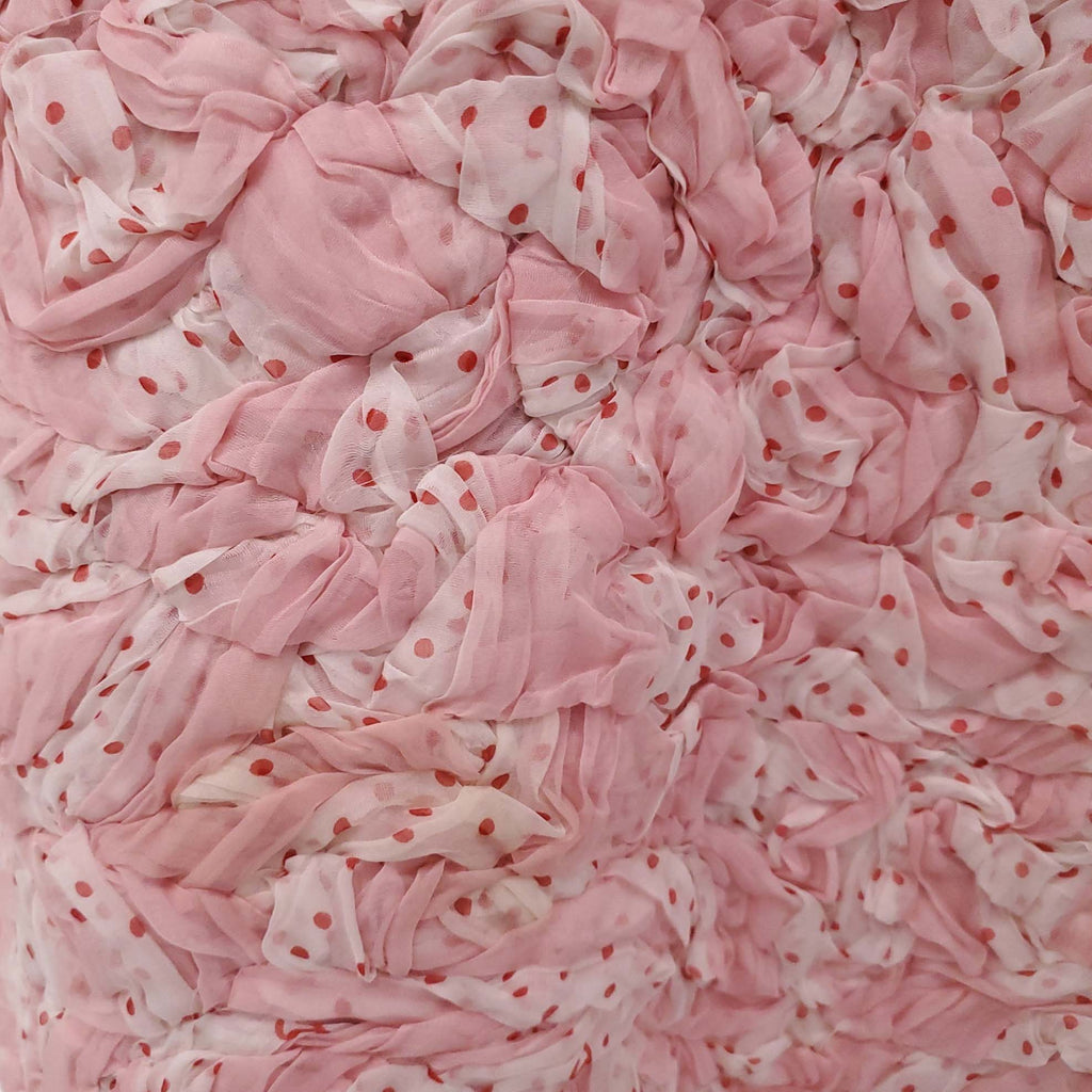 CHANEL S/S 2002 PINK POLKA DOT RUCHED PATTERNED DRESS WITH LACE AND LOGO DETAIL - SIZE 40