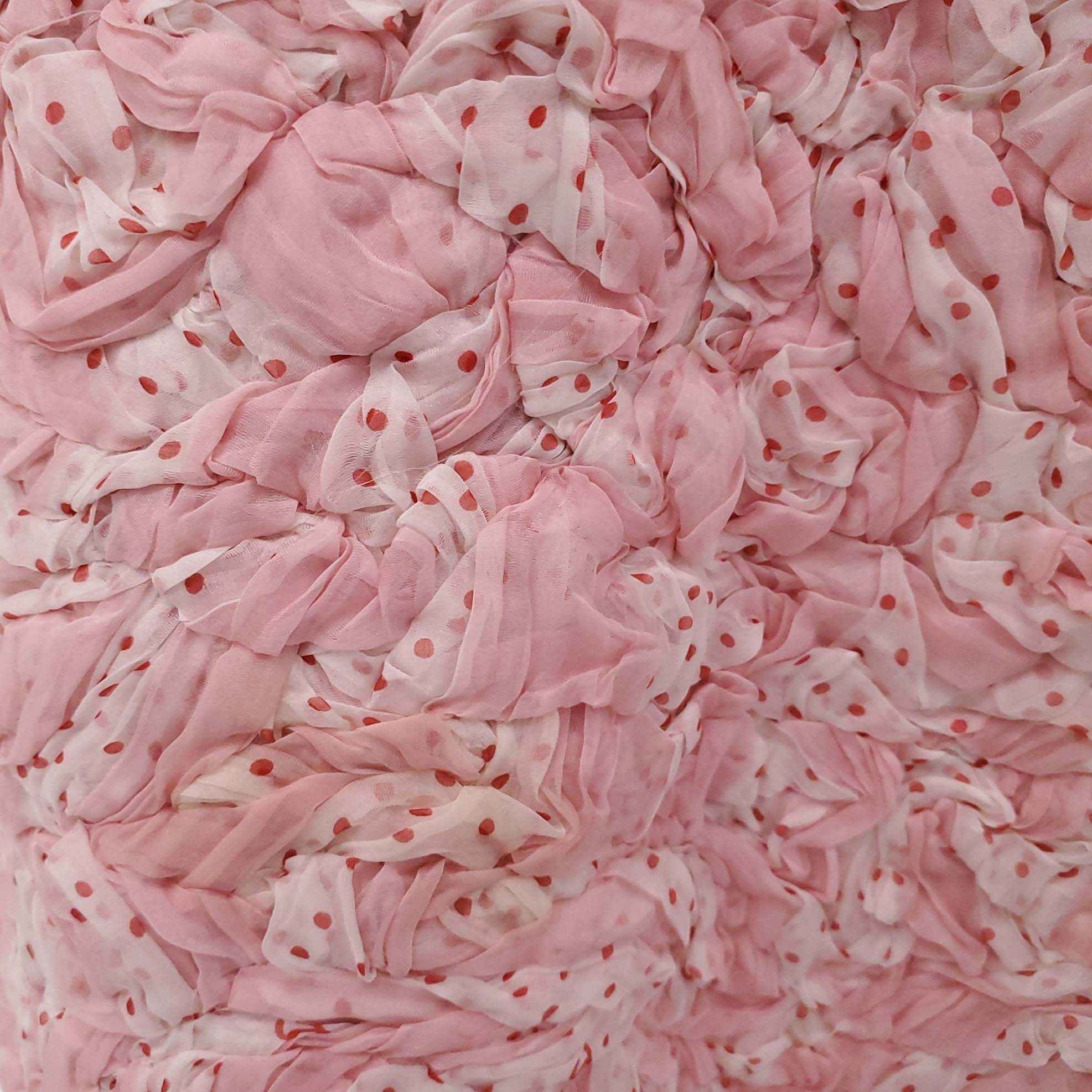 CHANEL S/S 2002 PINK POLKA DOT RUCHED PATTERNED DRESS WITH LACE AND LOGO DETAIL - SIZE 40