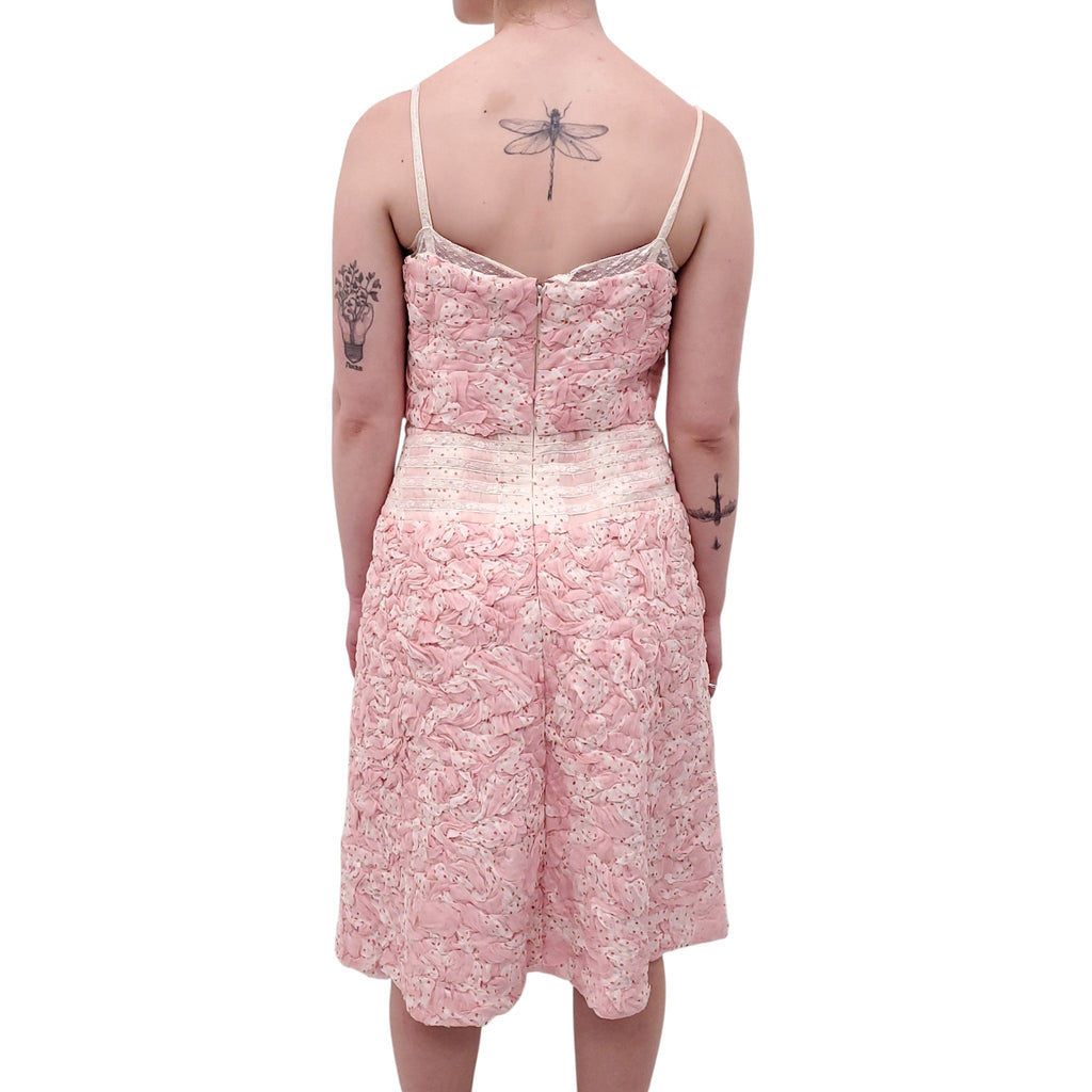 CHANEL S/S 2002 PINK POLKA DOT RUCHED PATTERNED DRESS WITH LACE AND LOGO DETAIL - SIZE 40