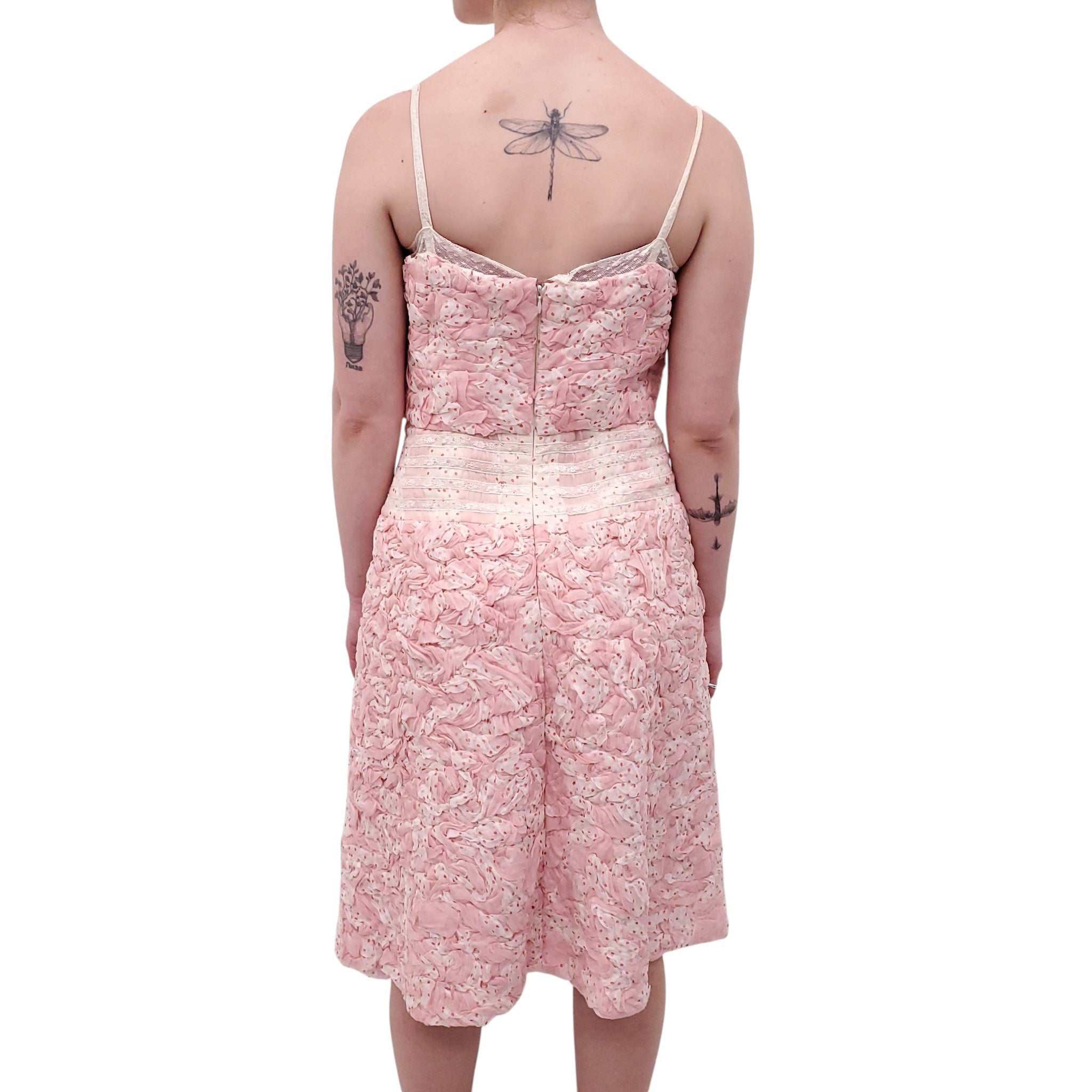 CHANEL S/S 2002 PINK POLKA DOT RUCHED PATTERNED DRESS WITH LACE AND LOGO DETAIL - SIZE 40