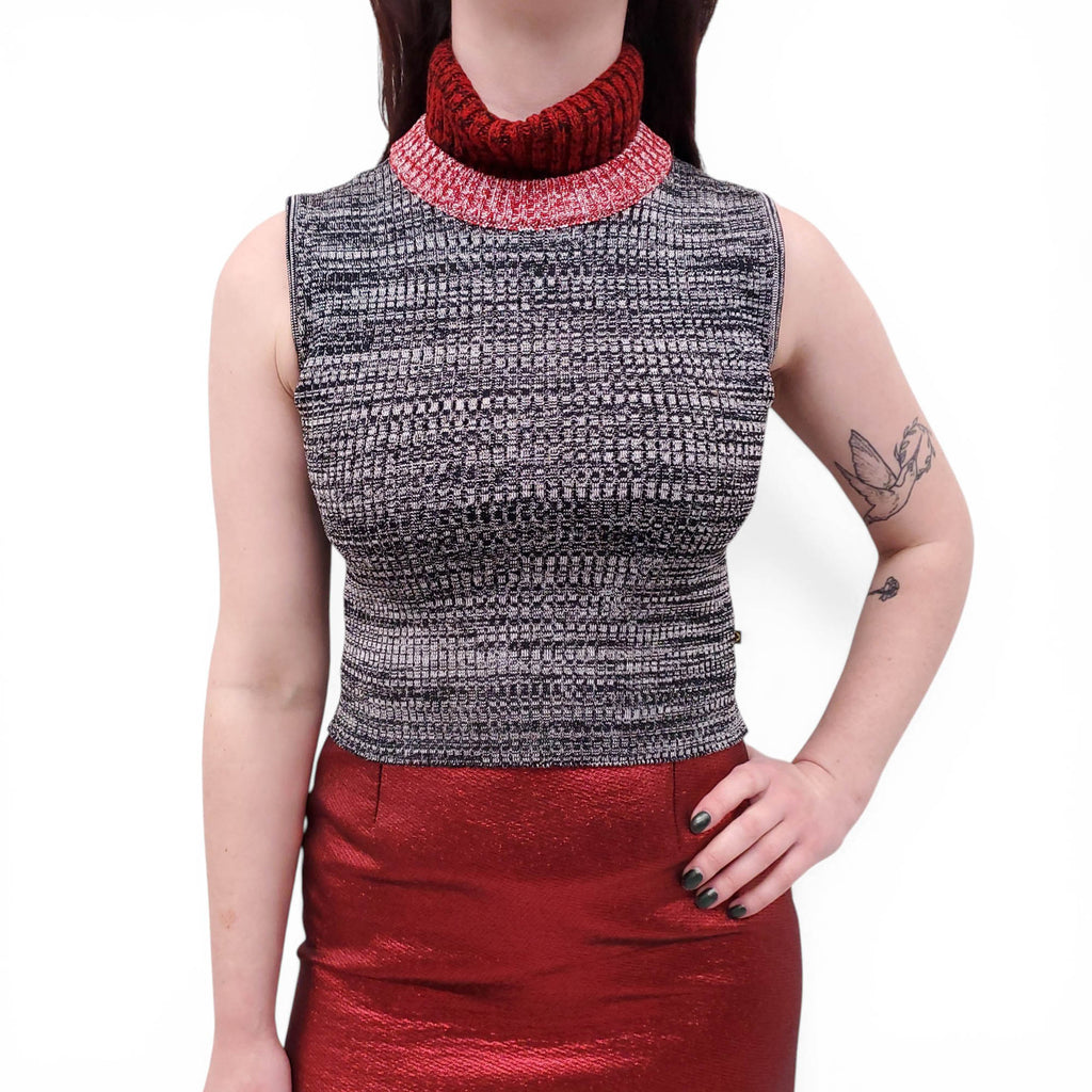 LOUIS VUITTON HEATHER GREY AND RED CROPPED SLEEVELESS TURTLENECK SWEATER - SIZE M