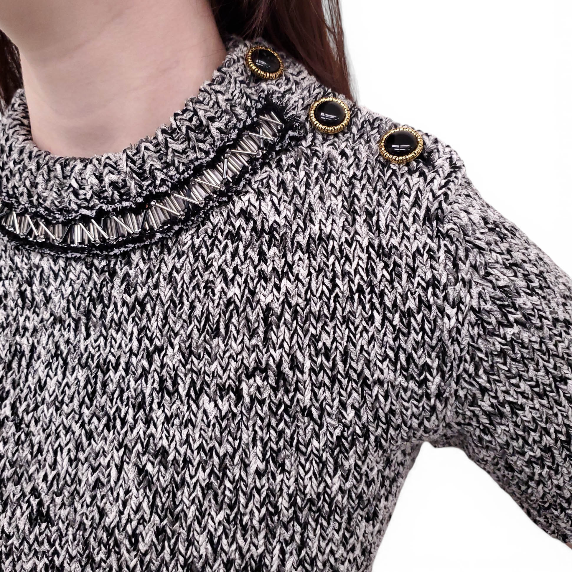 LOUIS VUITTON SALT AND PEPPER SHORT SLEEVE KNIT SWEATER WITH BEADS AND LOGO BUTTONS - SIZE XS