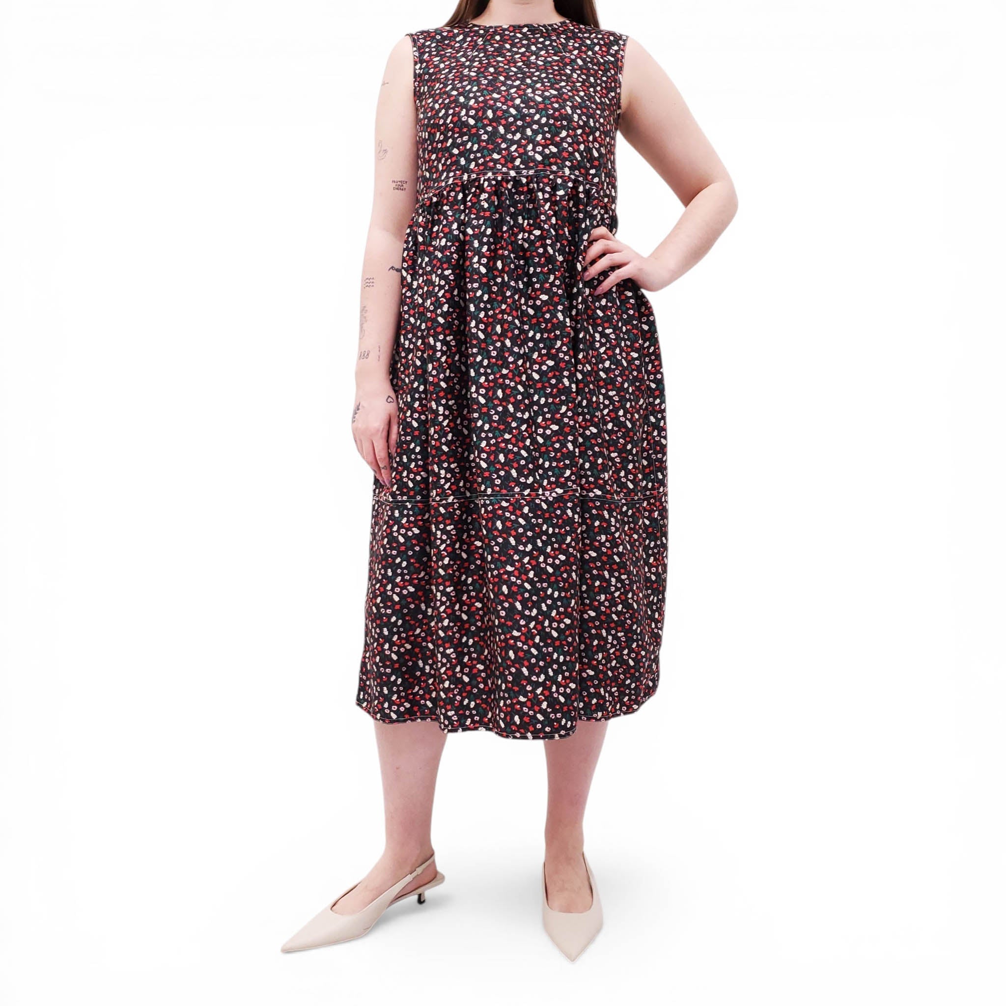 MARNI BLACK FLORAL SILK BABYDOLL DRESS - SIZE 38