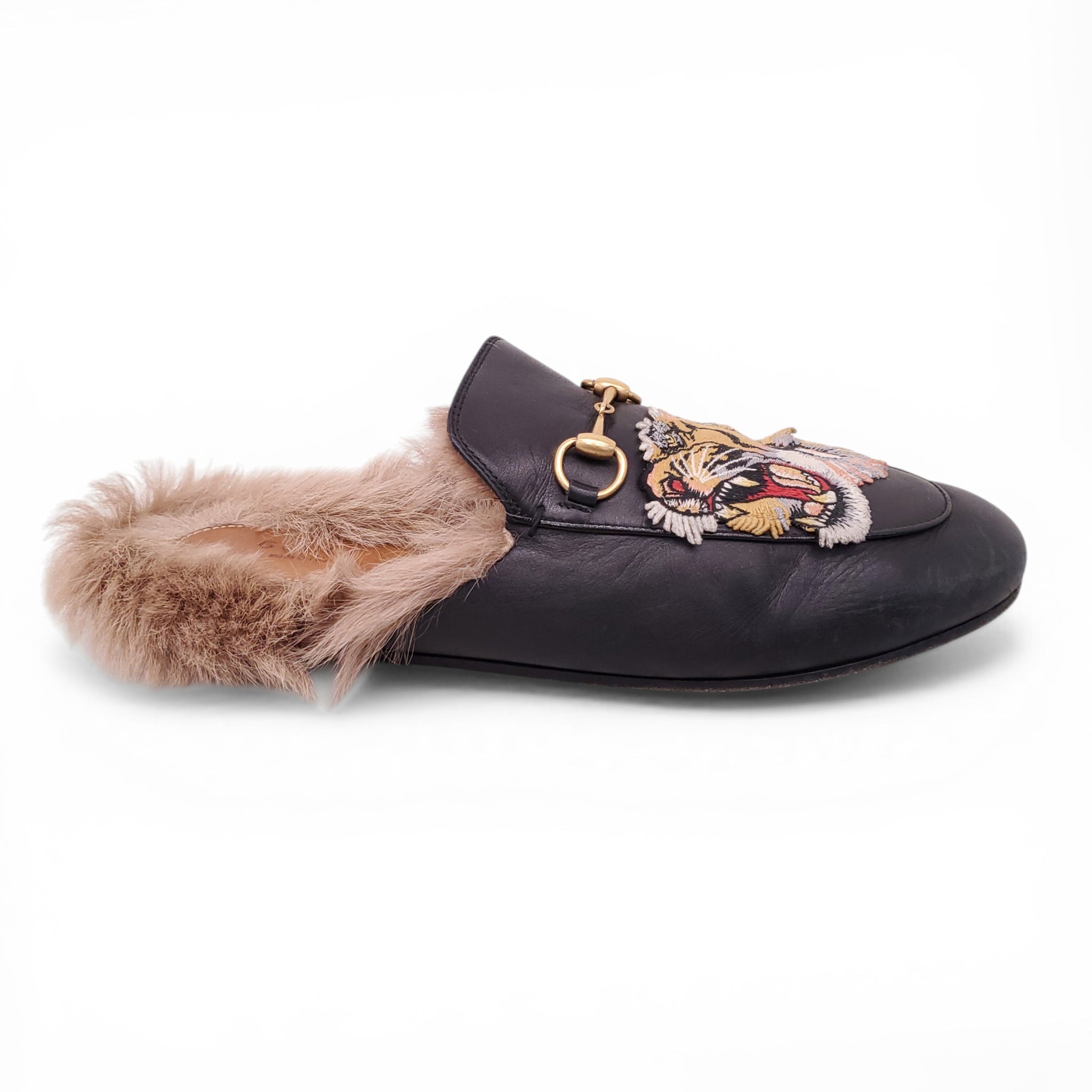 GUCCI FUR MULES WITH EMBROIDERED TIGER DETAIL - SIZE 40