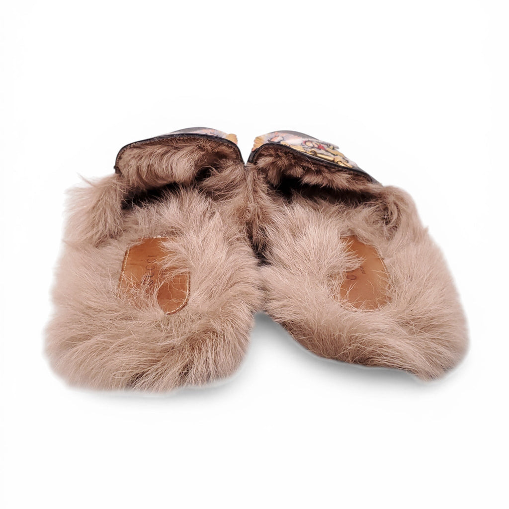 GUCCI FUR MULES WITH EMBROIDERED TIGER DETAIL - SIZE 40