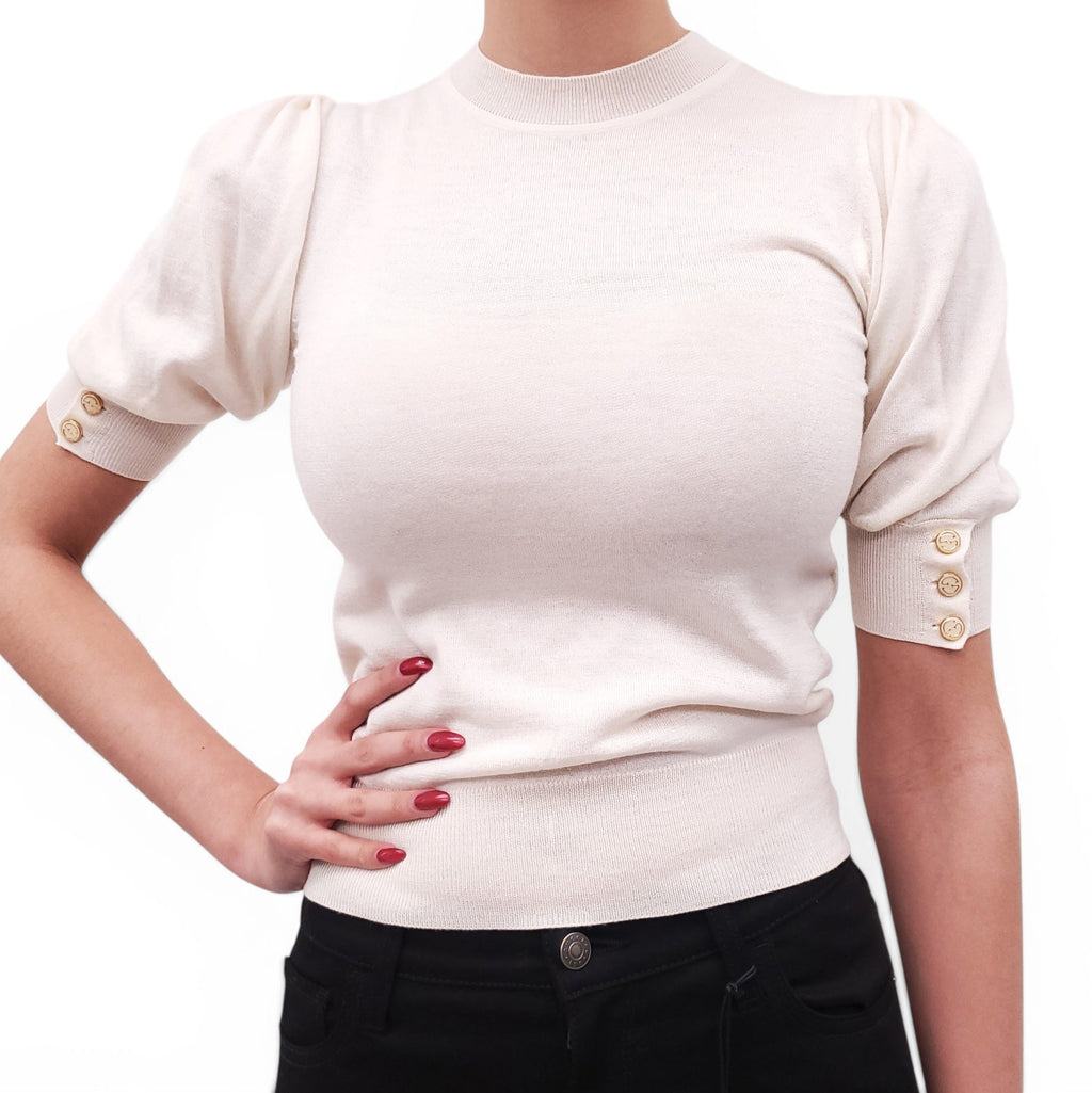 GUCCI CREAM SHORT SLEEVE SWEATER WITH GOLD LOGO BUTTONS - SIZE XS