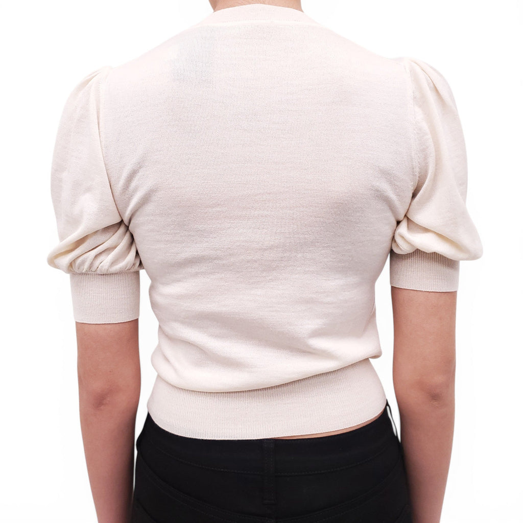 GUCCI CREAM SHORT SLEEVE SWEATER WITH GOLD LOGO BUTTONS - SIZE XS