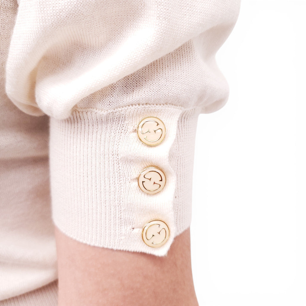 GUCCI CREAM SHORT SLEEVE SWEATER WITH GOLD LOGO BUTTONS - SIZE XS
