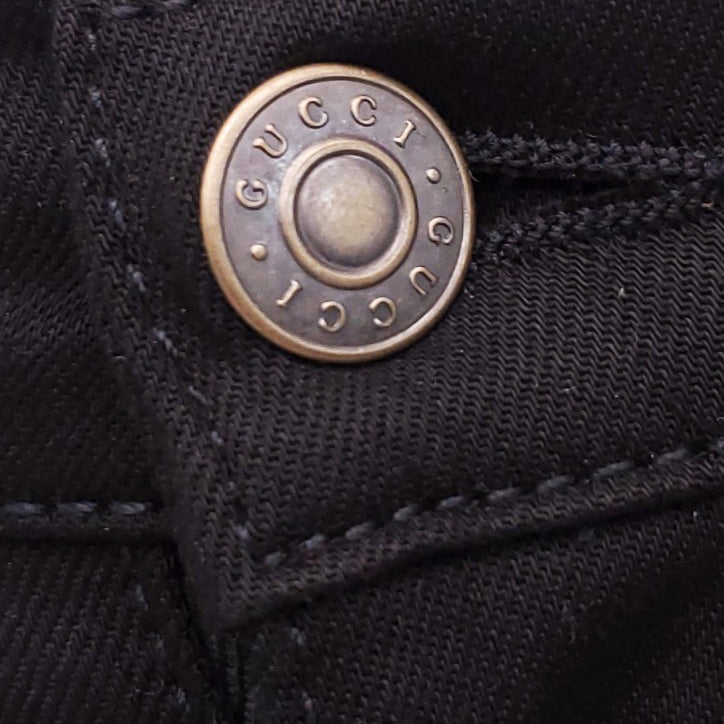 GUCCI BLACK JEANS WITH EMBROIDERED PANTHER DETAIL - SIZE 27