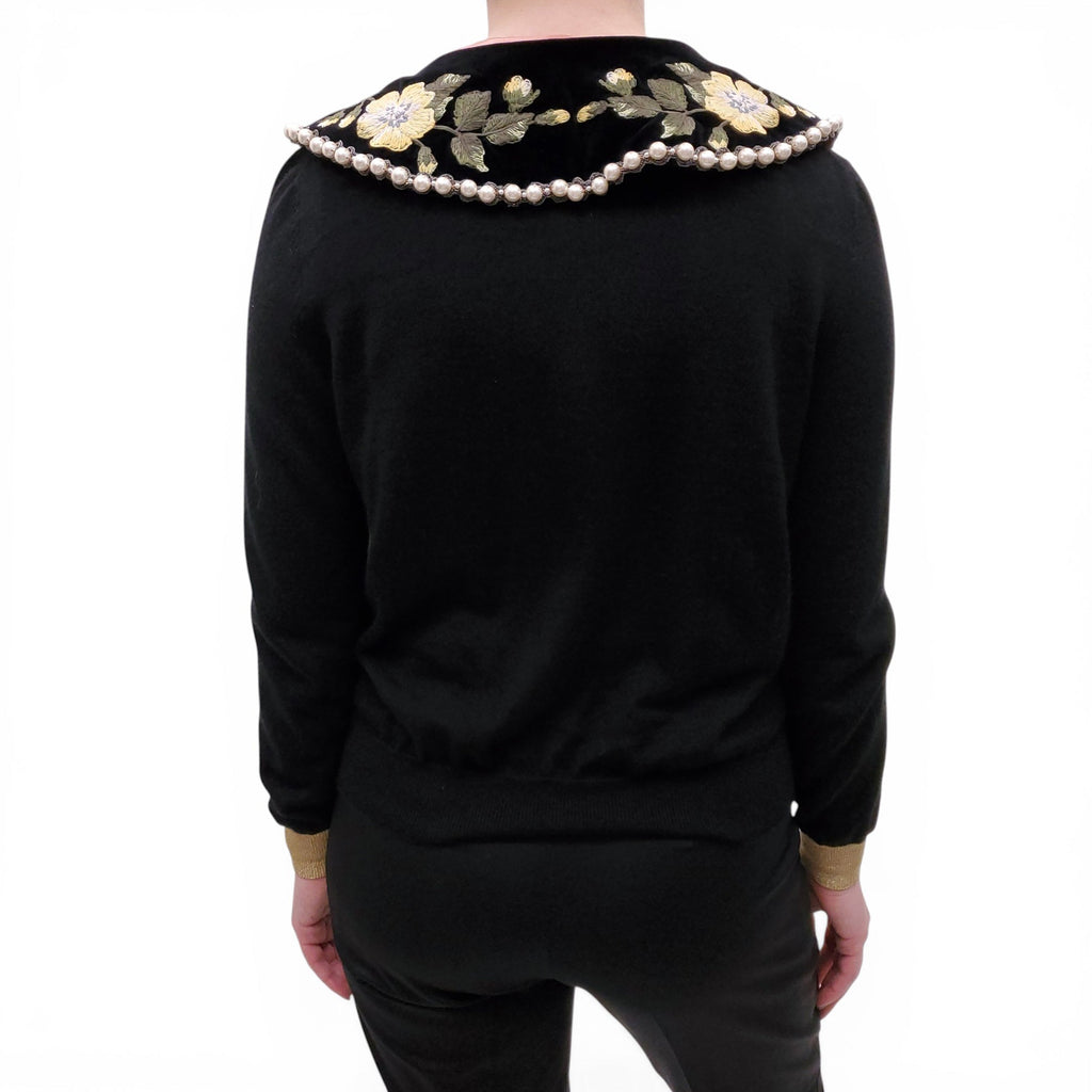 GUCCI BLACK CARDIGAN WITH REMOVABLE EMBROIDERED AND PEARL COLLAR - SIZE L