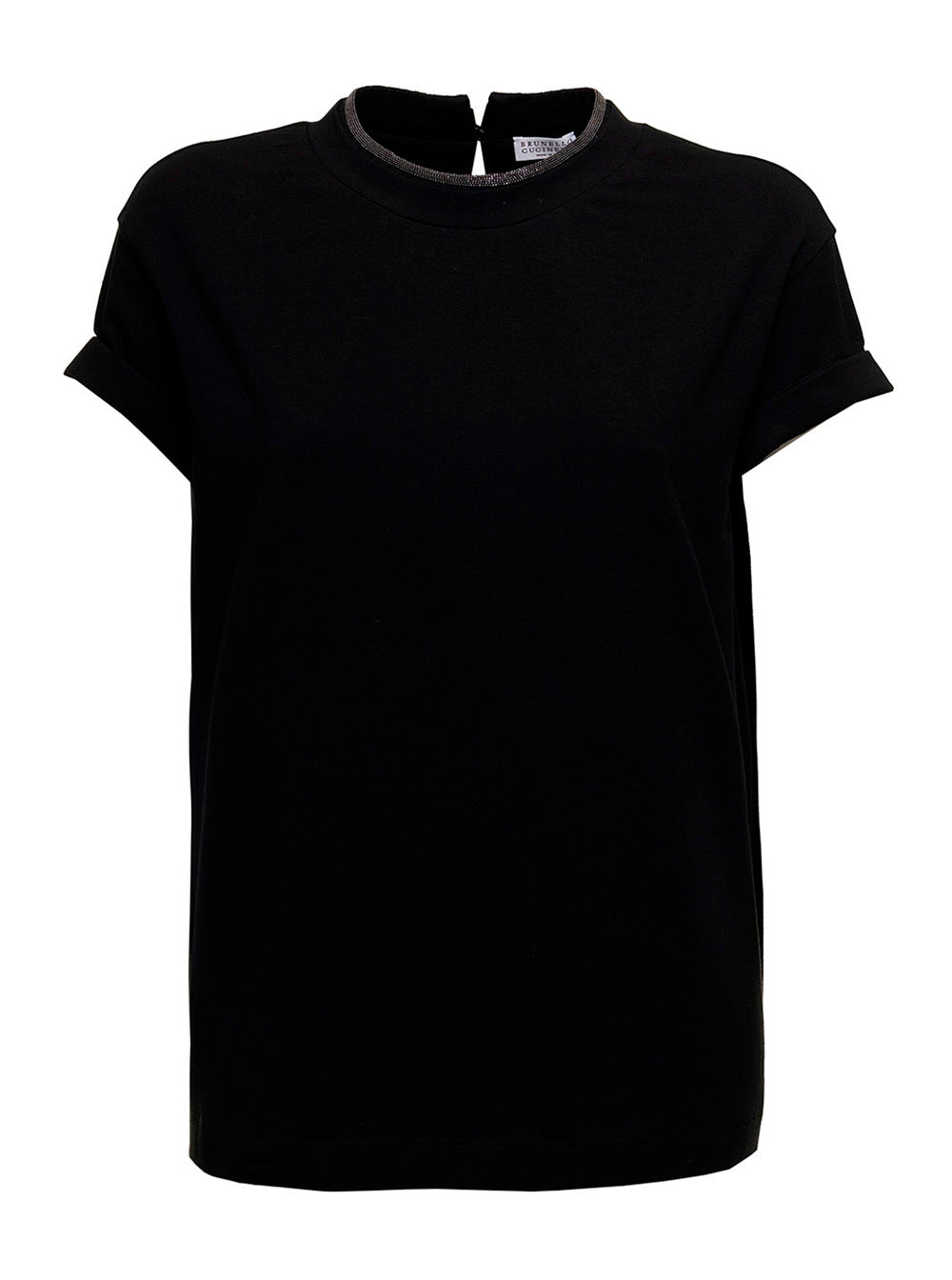 Brunello Cucinelli Women Brunello Cucinelli Woman's Black Cotton T-Shirt With Monile Crew Neck