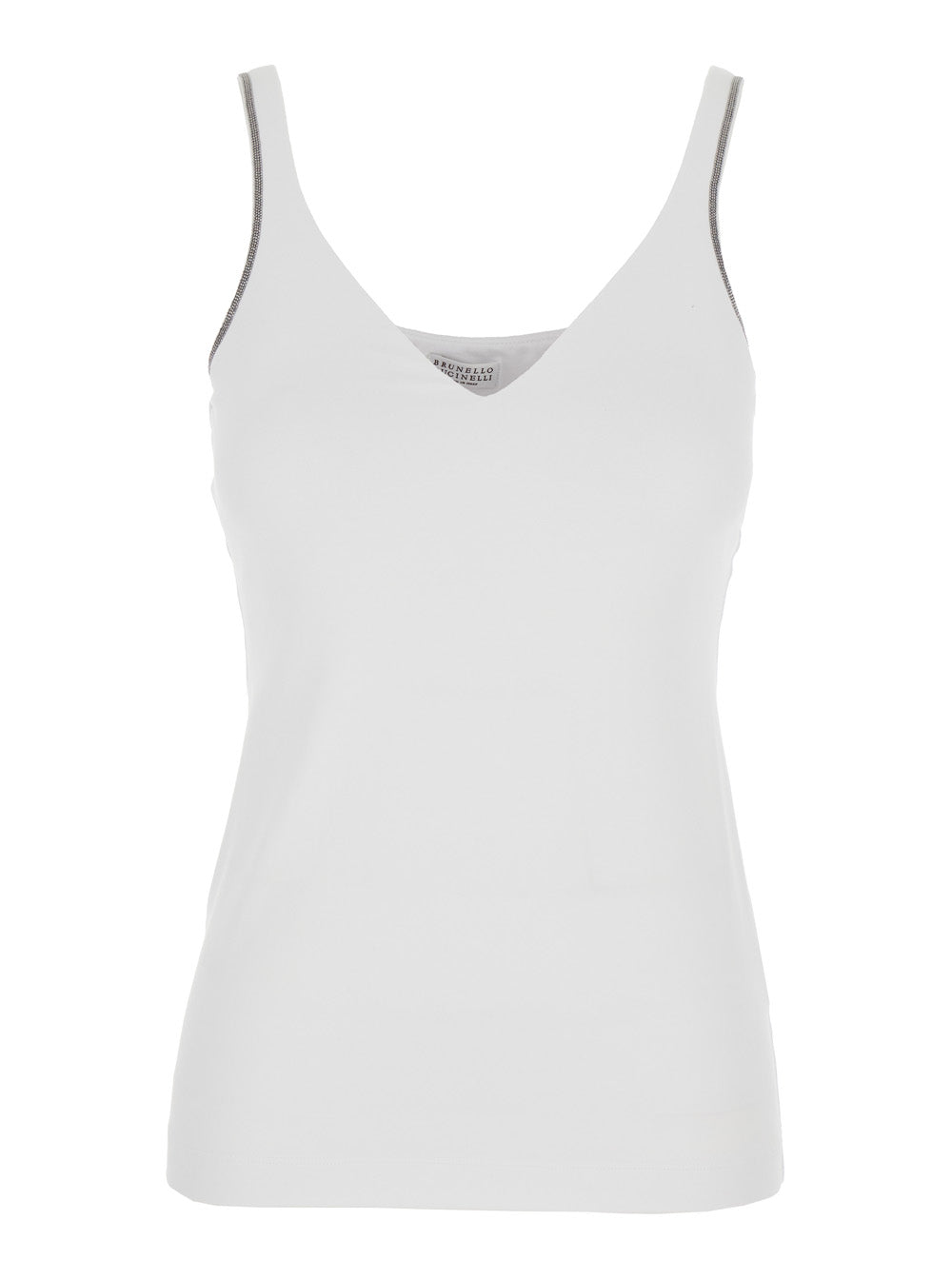 Brunello Cucinelli Women White Top With V-Neck And Monile Details On The Edges In Cotton For Women