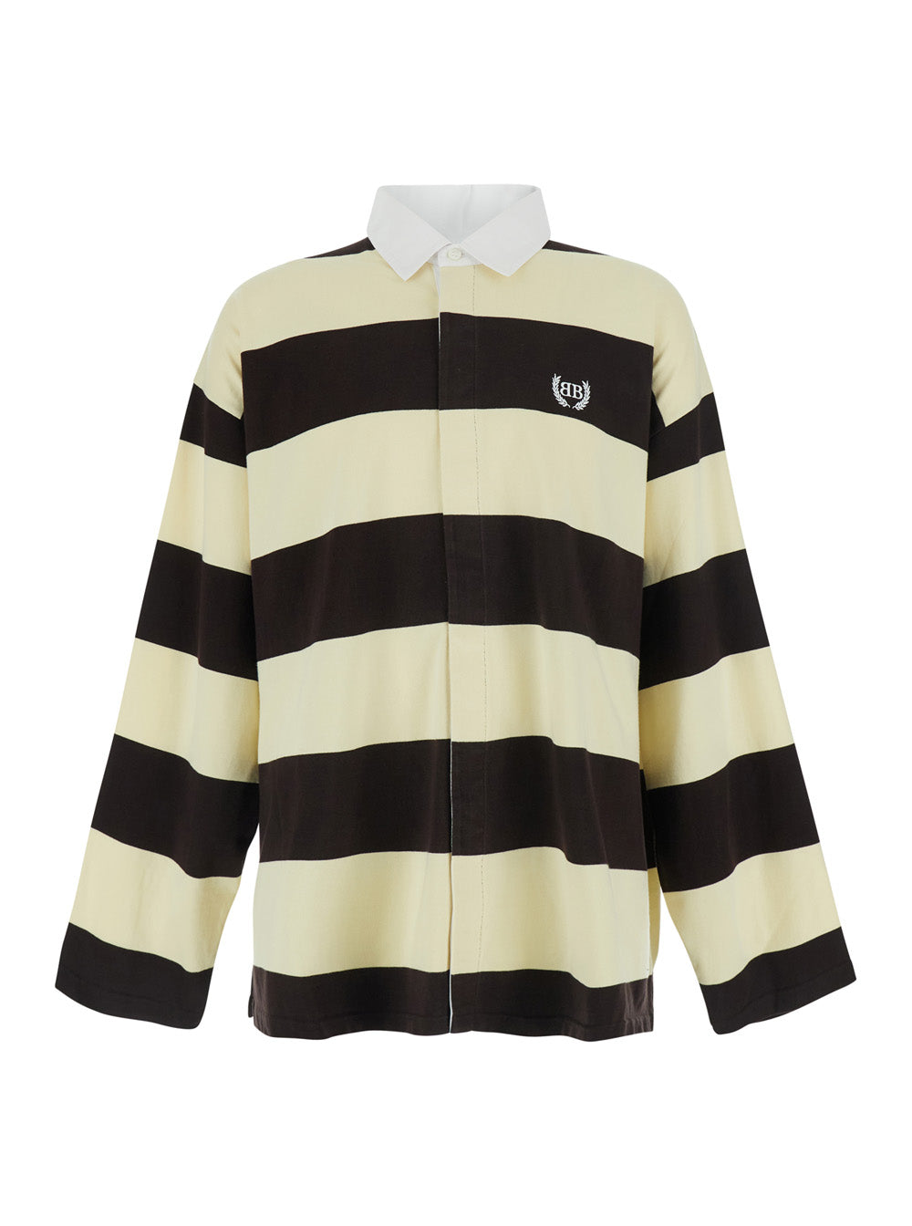 Balenciaga Men Brown Long Sleeve Polo Shirt With Logo Embroidery On The Front And All-Over Stripes In Cotton For Men
