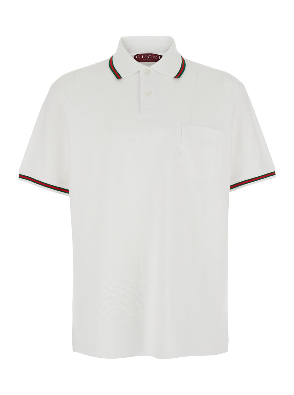 Gucci Men White Polo Shirt With Web Detail On Collar And Sleeves And Tone-On-Tone Logo Lettering On The Front In Cotton For Men